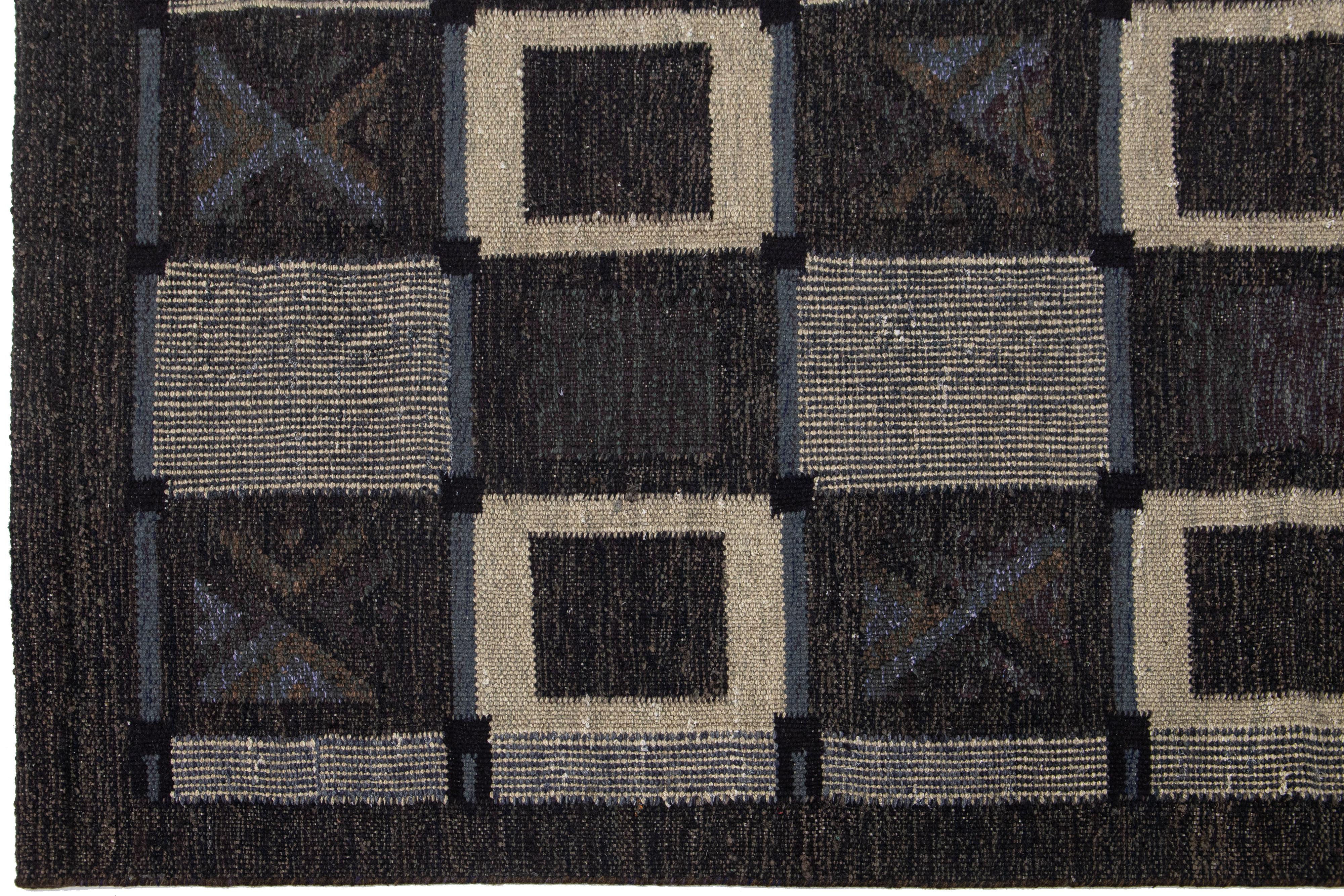 Hand-Knotted Charcoal Modern Swedish Style Room Size Wool Rug With Art Deco Motif For Sale