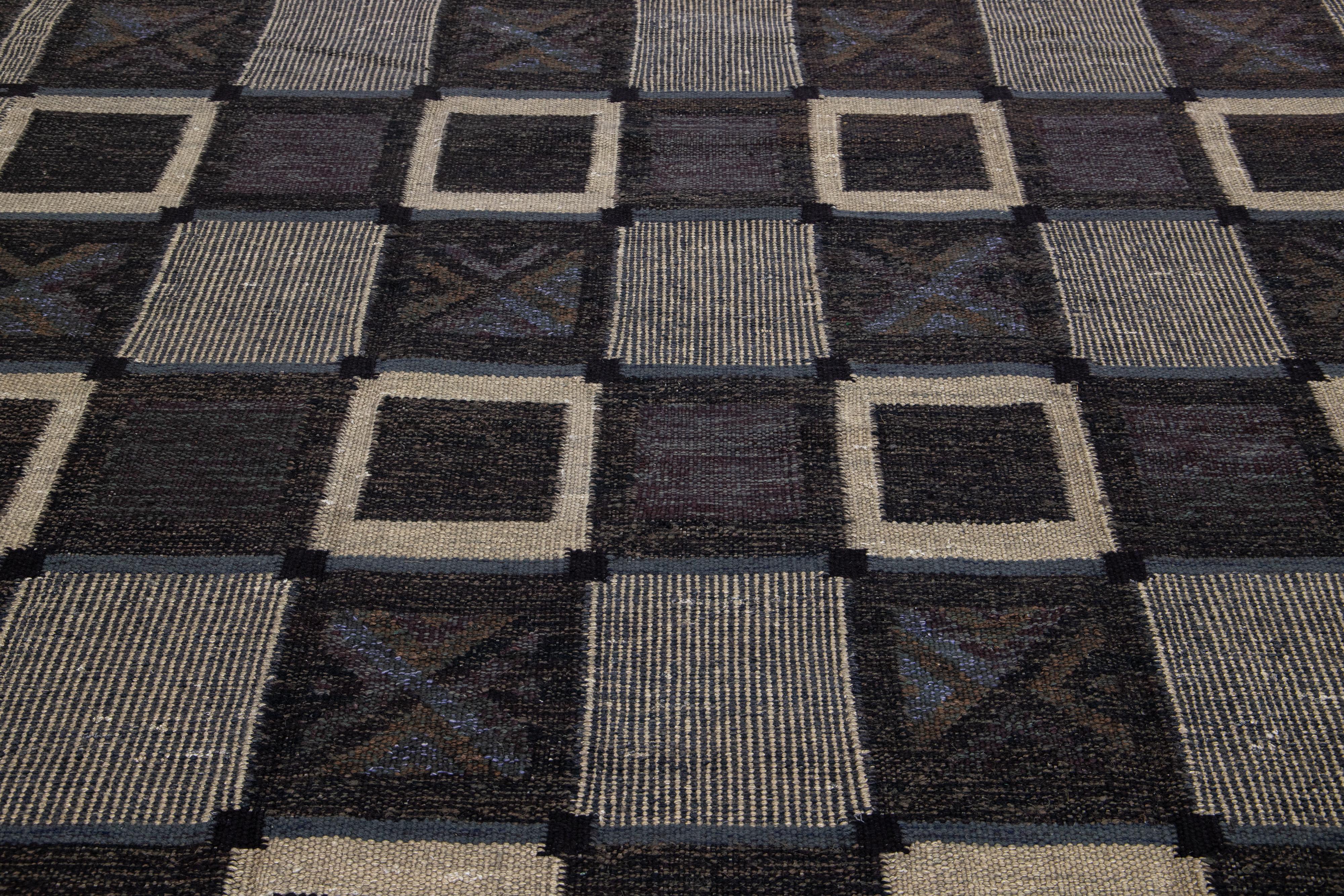 Charcoal Modern Swedish Style Room Size Wool Rug With Art Deco Motif In New Condition For Sale In Norwalk, CT