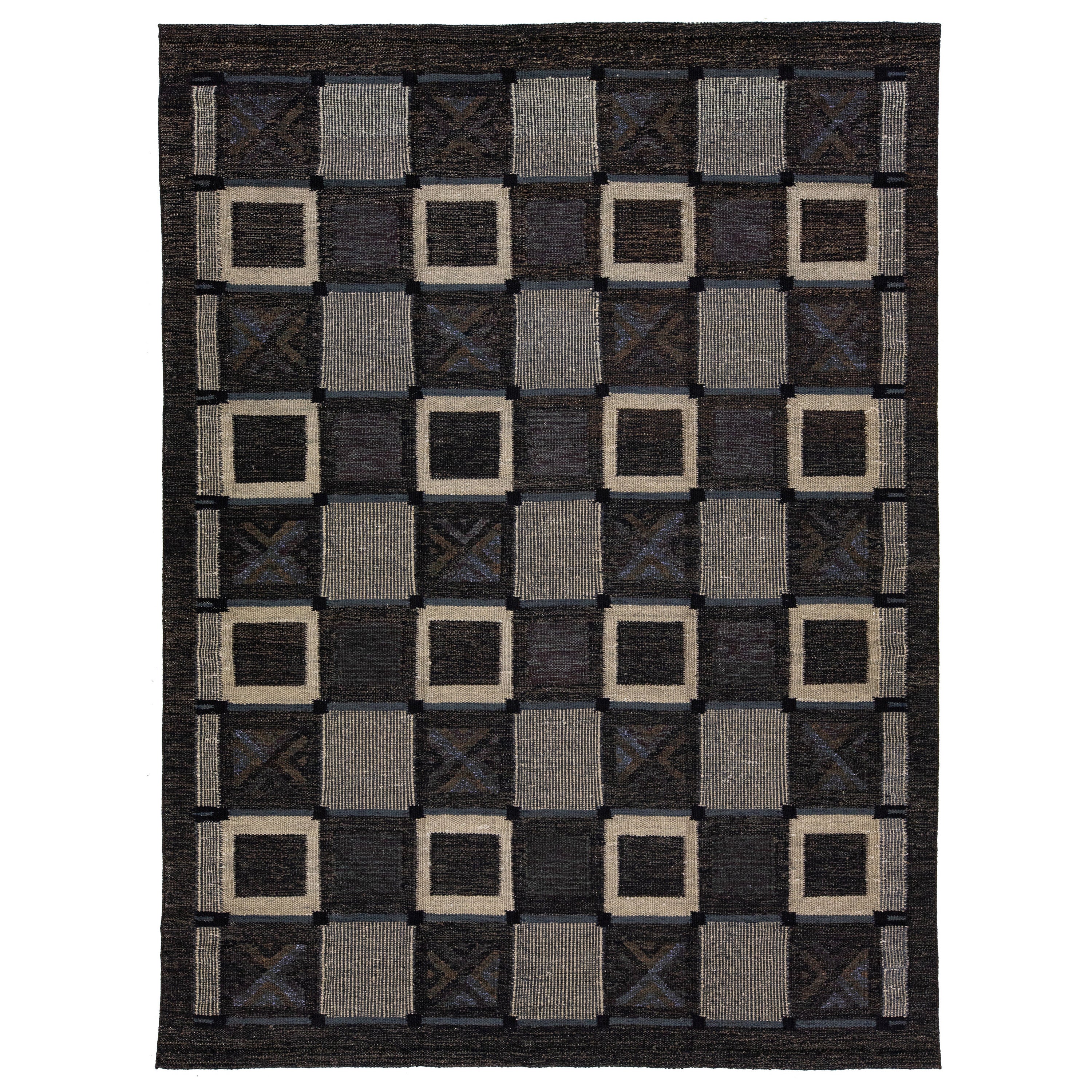 Tapis de style suédois moderne anthracite de taille normale avec motif Art déco en vente