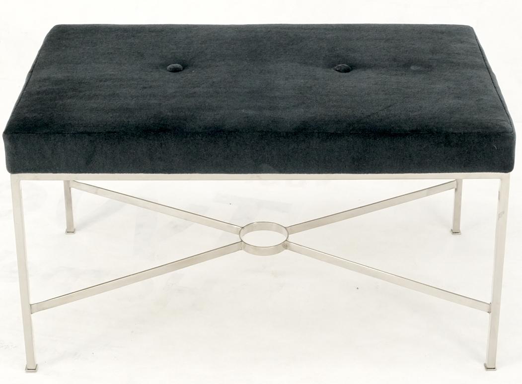 Mid-Century Modern Charcoal Mohair Upholstery Rectangle Bench on Stainless Steel x Shape Base Mint