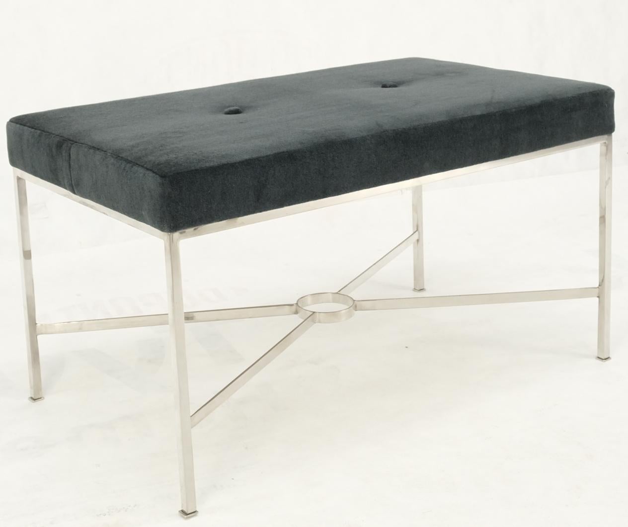 Polished Charcoal Mohair Upholstery Rectangle Bench on Stainless Steel x Shape Base Mint