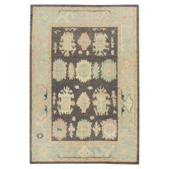 Mehrfarbiger handgewebter türkischer Oushak-Teppich aus Wolle in Holzkohle 9' x 12'6"