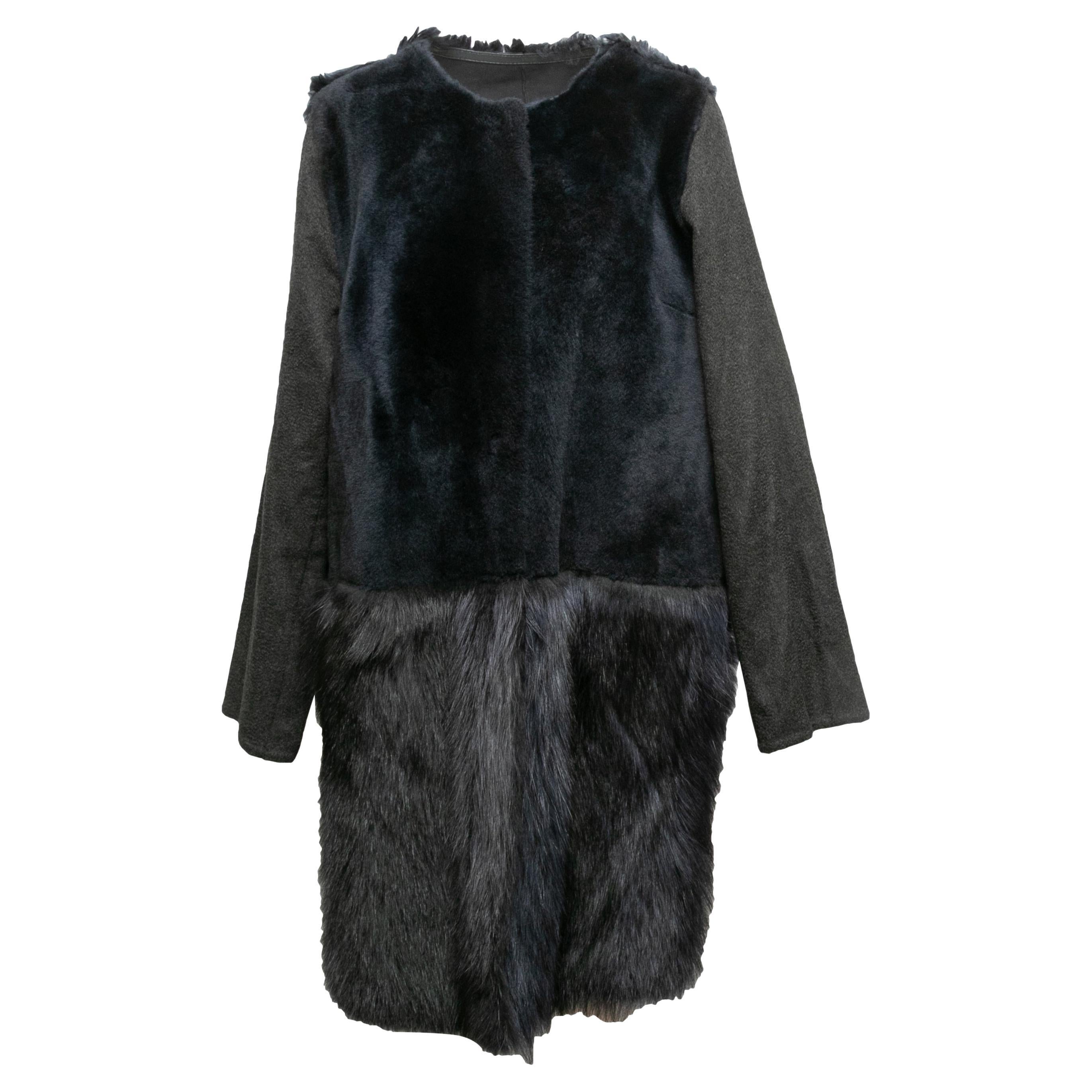 Charcoal & Navy Yves Salomon Shearling & Fur Coat Size US M For Sale