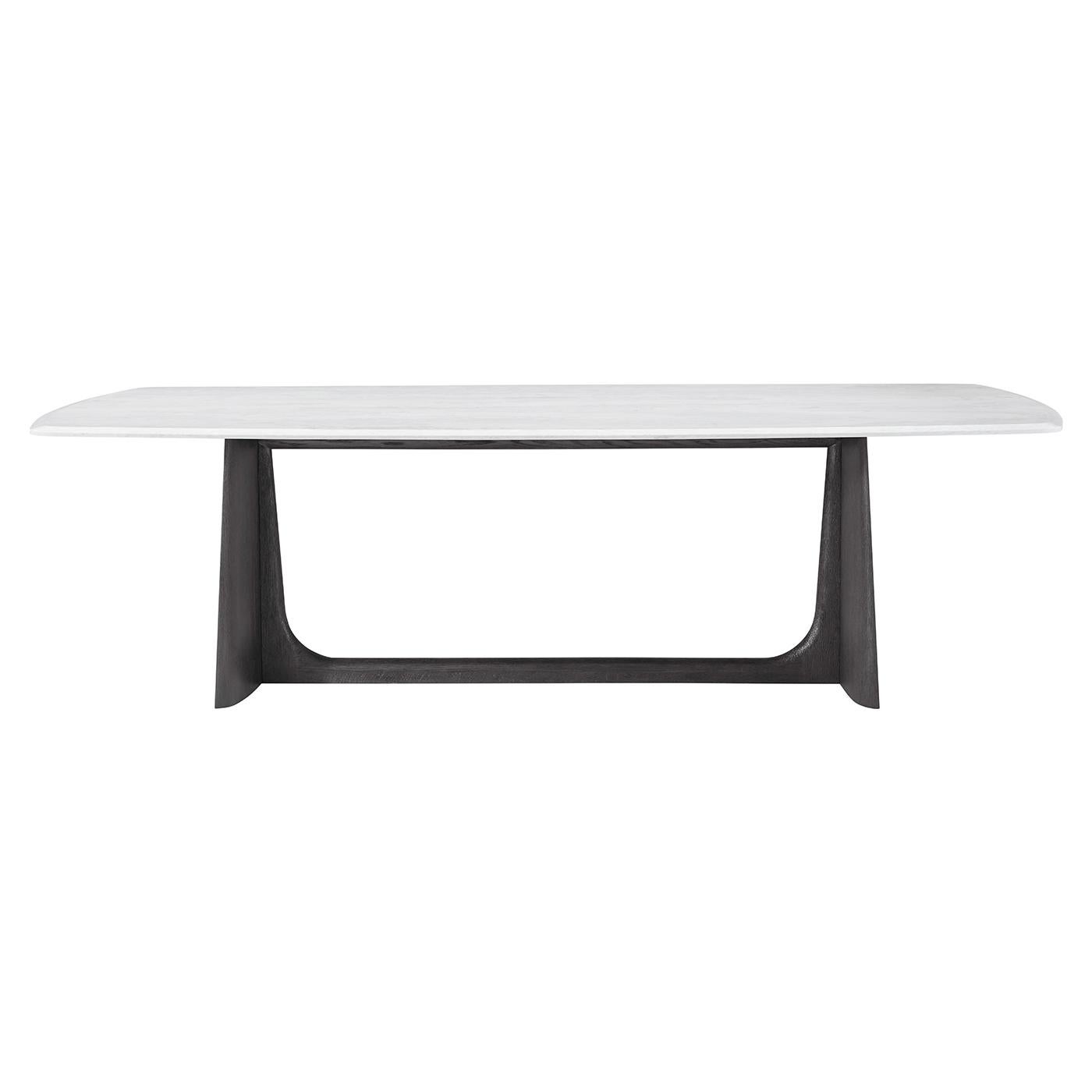 This rectangular dining table features a beautiful Gan Edan quartz and handcrafted quarter straight-cut oak veneer for the trestle-style base.  

Dimensions: 102.25
