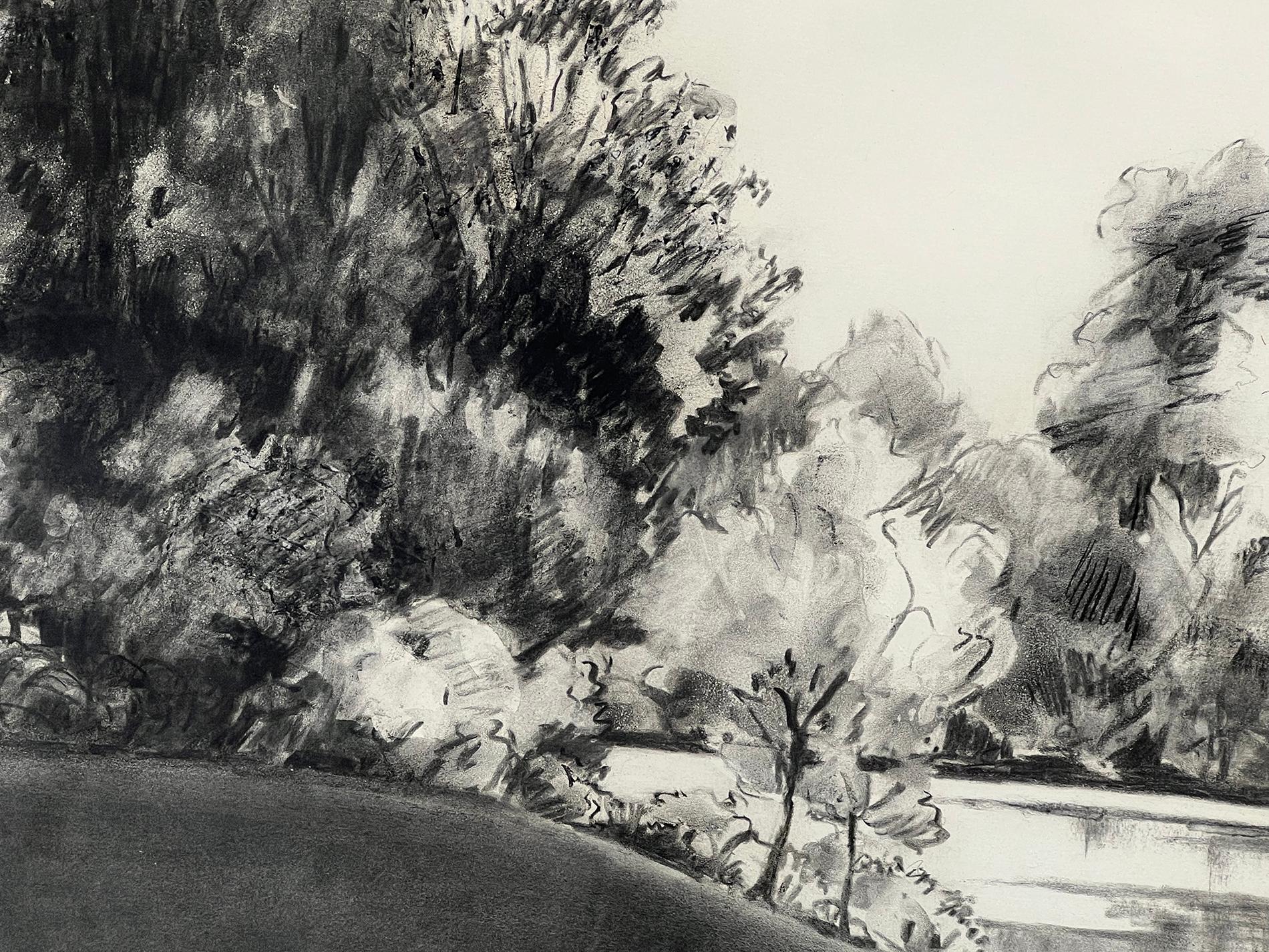 MADELEINE LIEPE (Oregon/Switzerland, 1929-2017) Signed lower right and dated 1970, signed again and titled verso; the serene charcoal drawing of lush trees surrounding a pond with a gently rolling lawn in the foreground; 
Madeleine Liepe was a