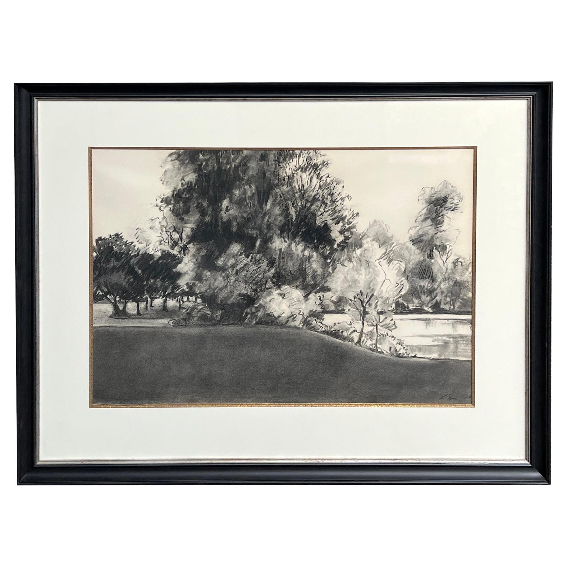 Charcoal on paper: 'The Edge of the Park' Signed 'Liepe '70'