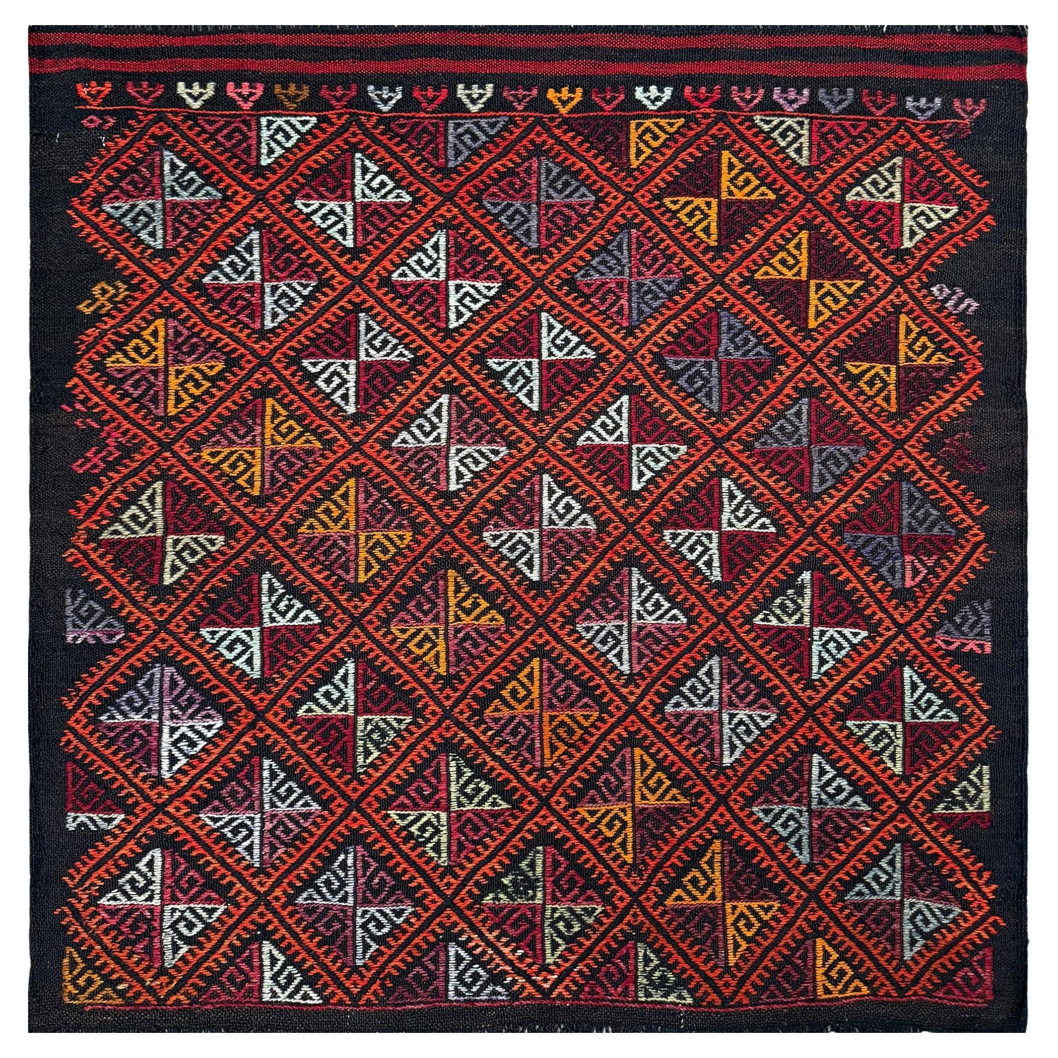 Cicim Kilim turco arancio carbone - Tappeto ricamato a trama piatta (3′×4′) - 1960s