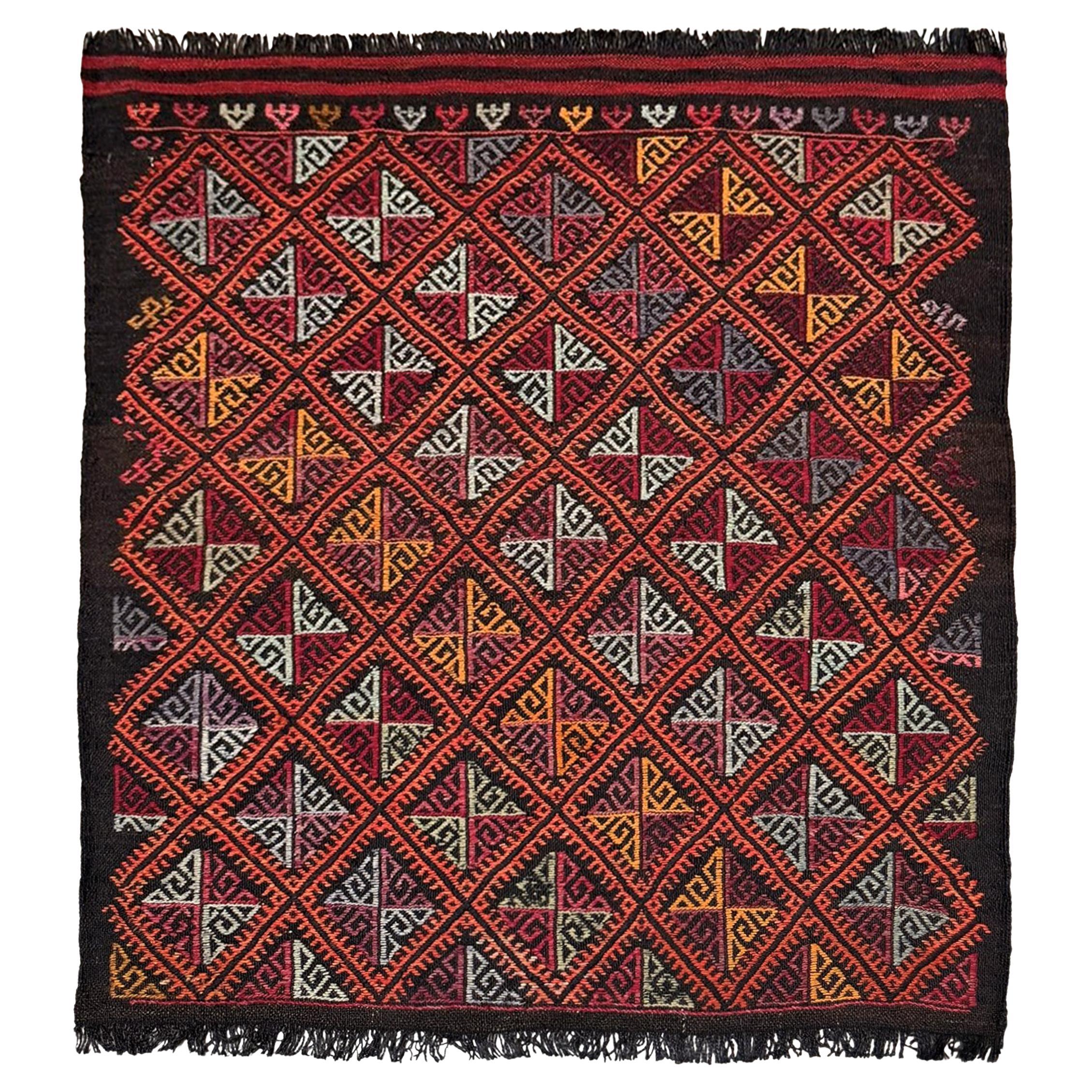 Charcoal Orange Turkish Cicim Kilim • Embroidered Flatweave Rug (3′×4′) • 1960s For Sale