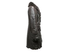 Charcoal Prada 2009 Patent Shearling Double-Breasted Coat Size IT 42