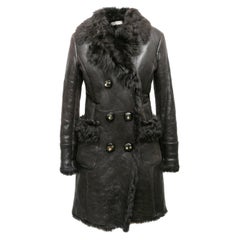Charcoal Prada 2009 Patent Shearling Double-Breasted Coat Size IT 42