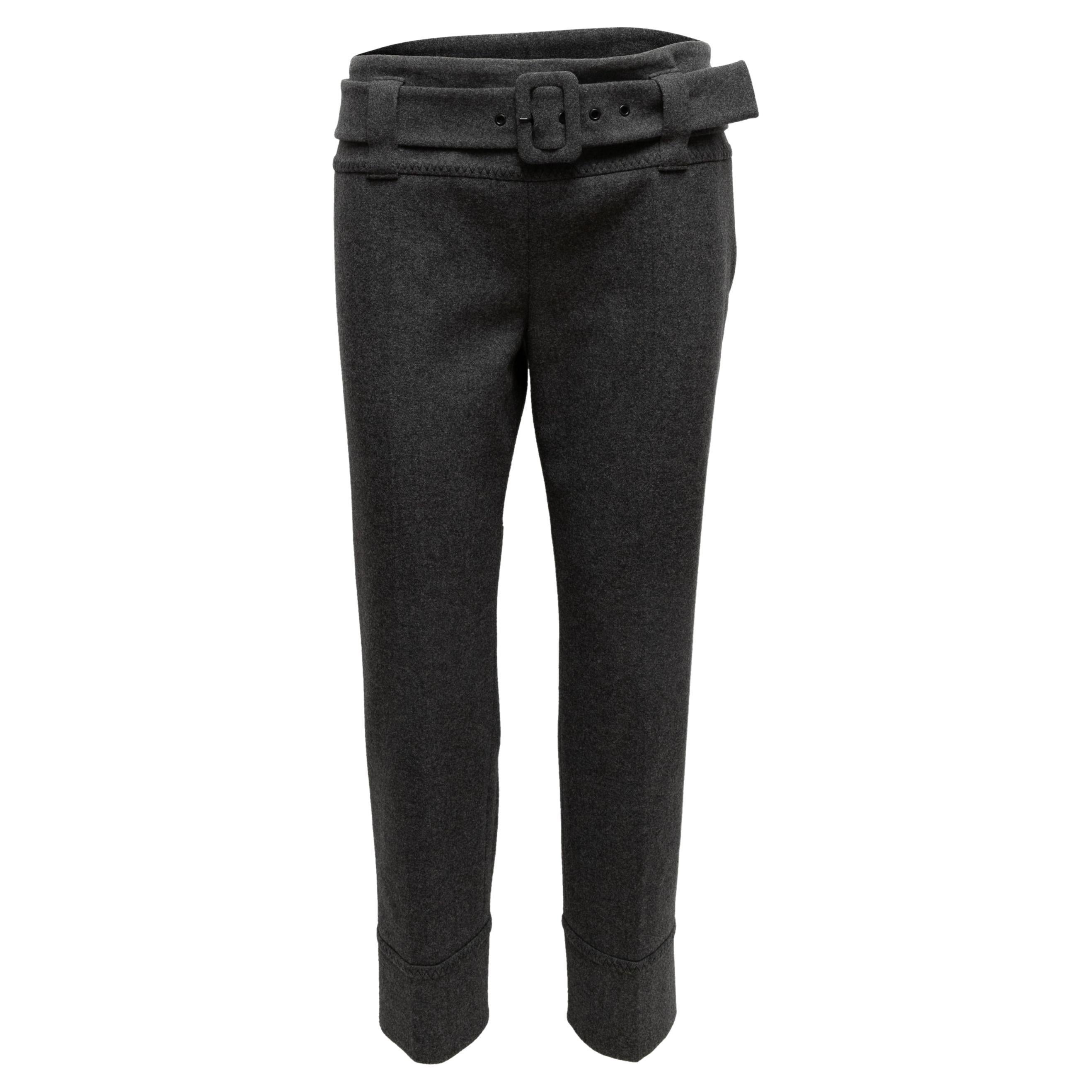 Charcoal Prada Virgin Wool Belted Pants Size IT 44 For Sale
