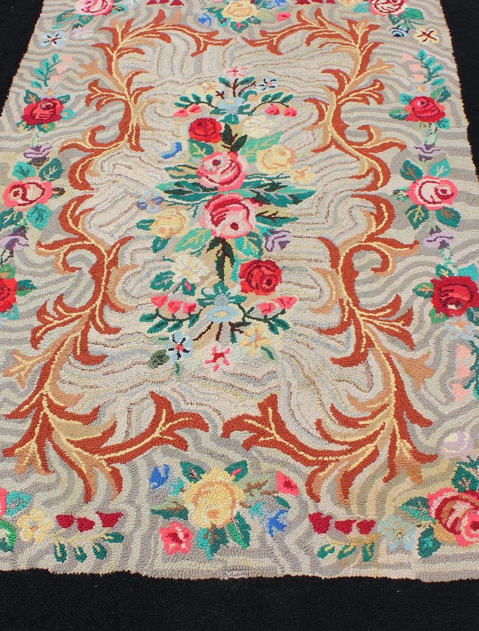 American Colonial Charcoal, Red, and Green Antique American Hooked Rug with Large Flower Design For Sale