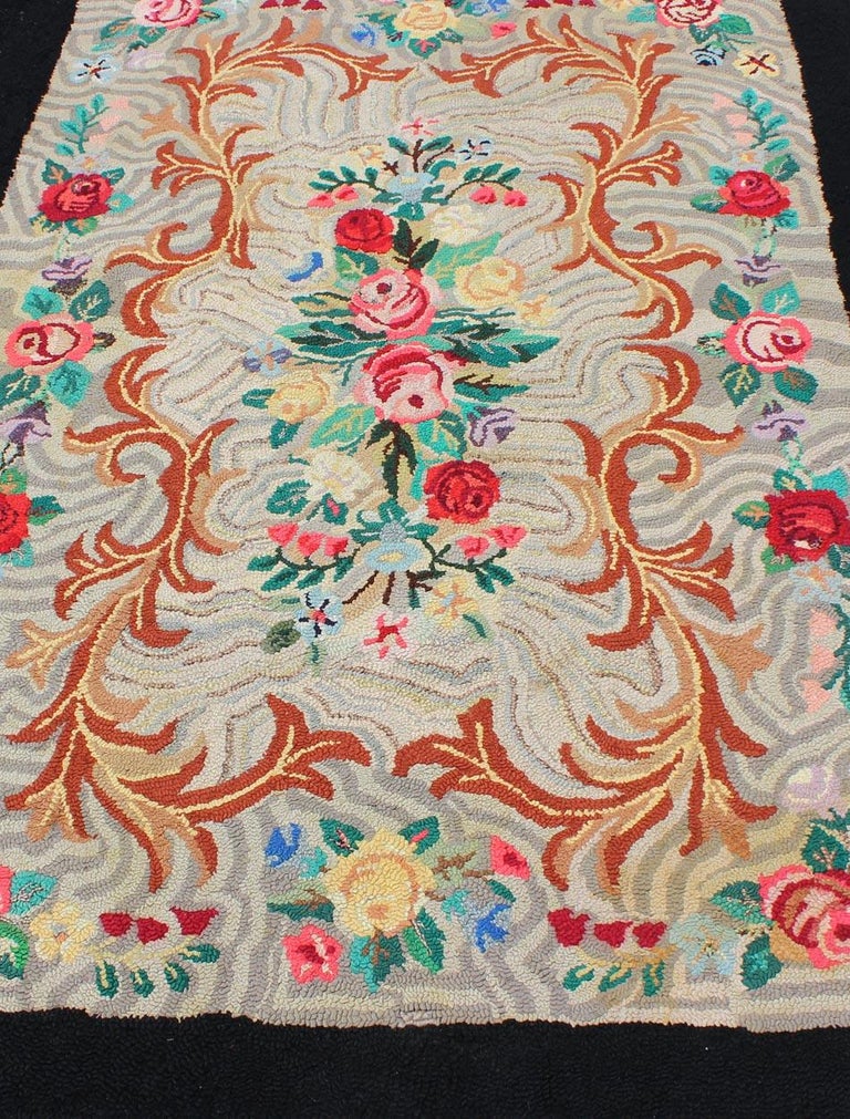 Charcoal, Red, and Green Antique American Hooked Rug with Large Flower ...
