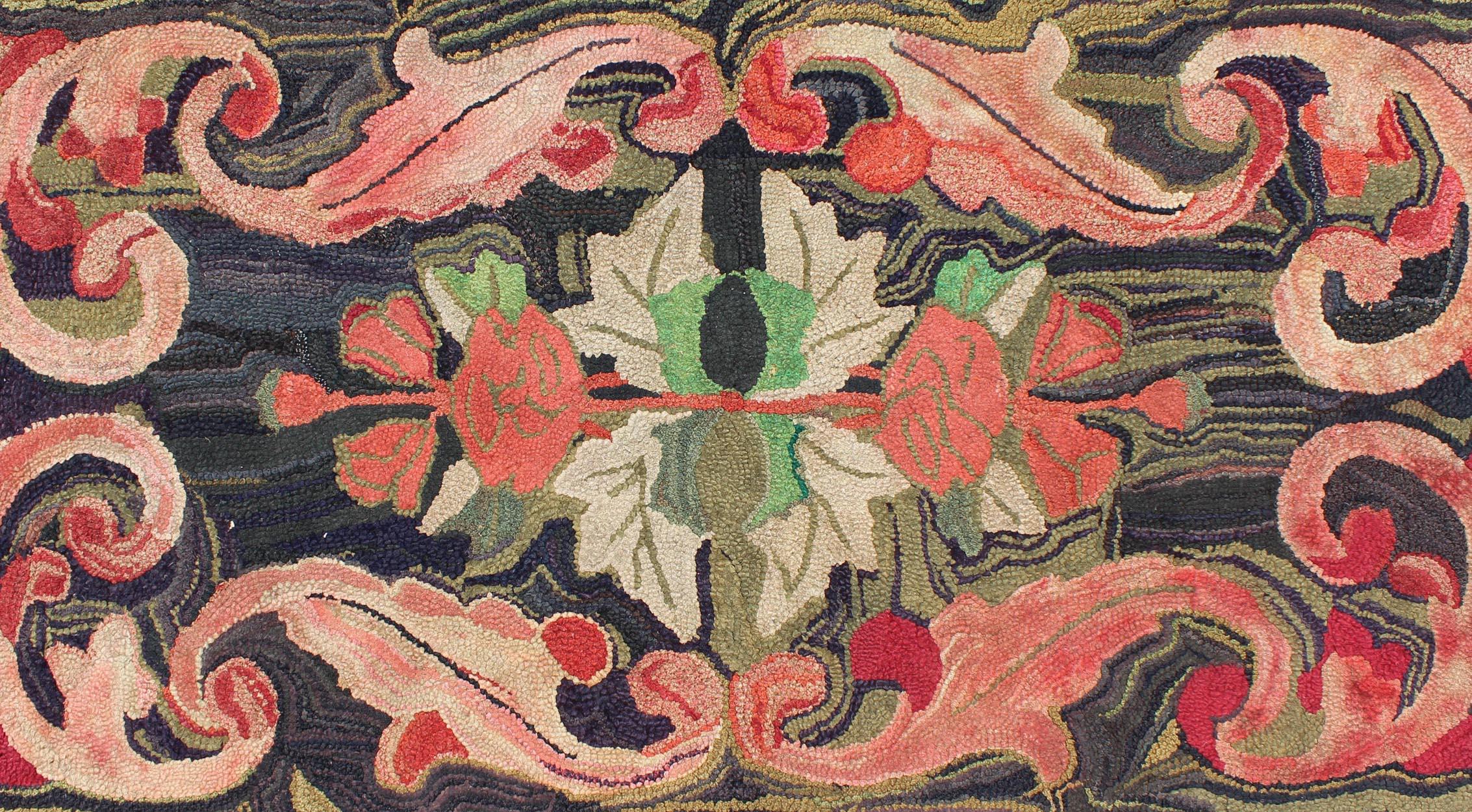 Hand-Knotted Charcoal, Red, and Green Antique American Hooked Rug with Large Flower Design For Sale