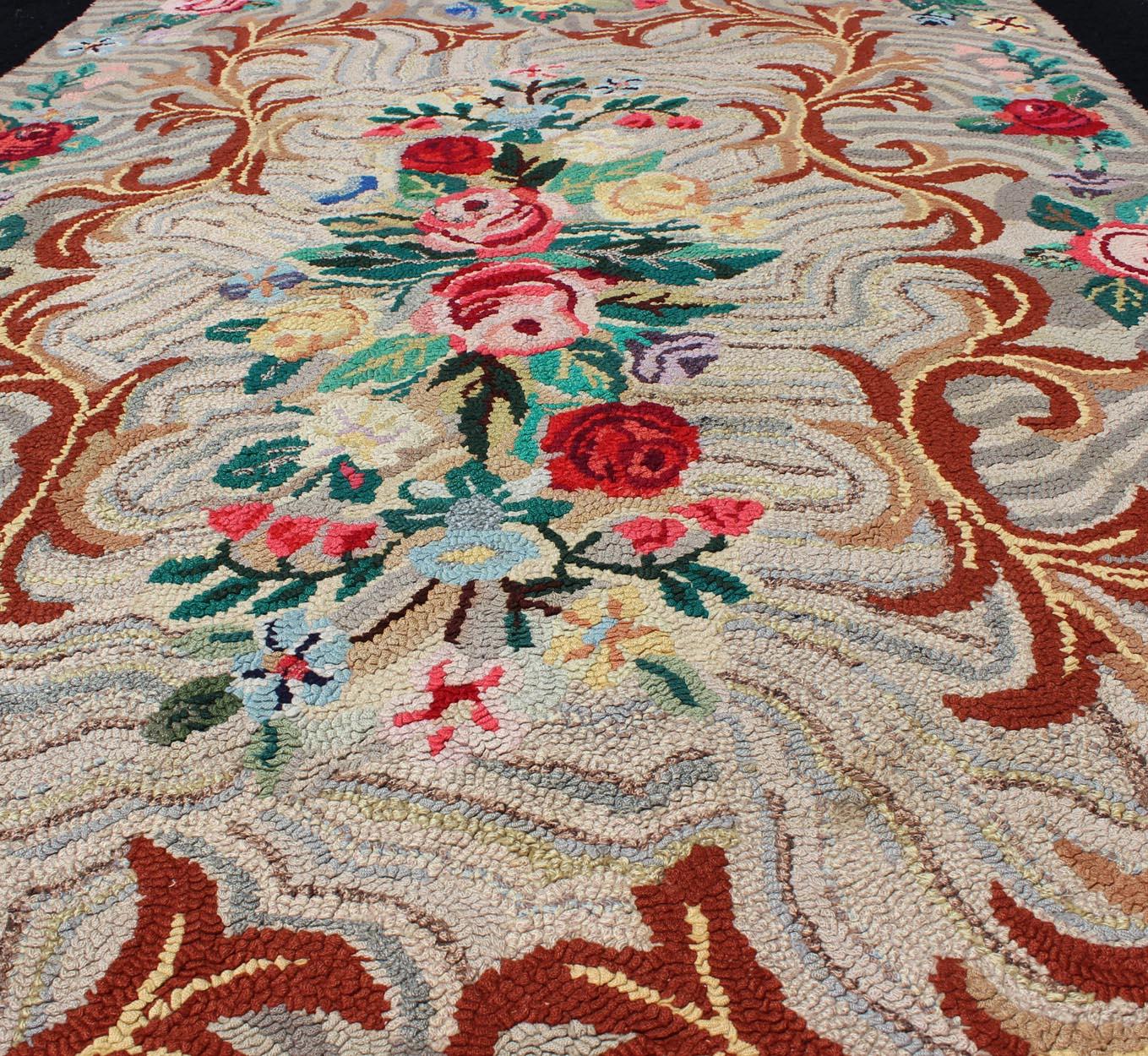 Hand-Woven Charcoal, Red, and Green Antique American Hooked Rug with Large Flower Design For Sale