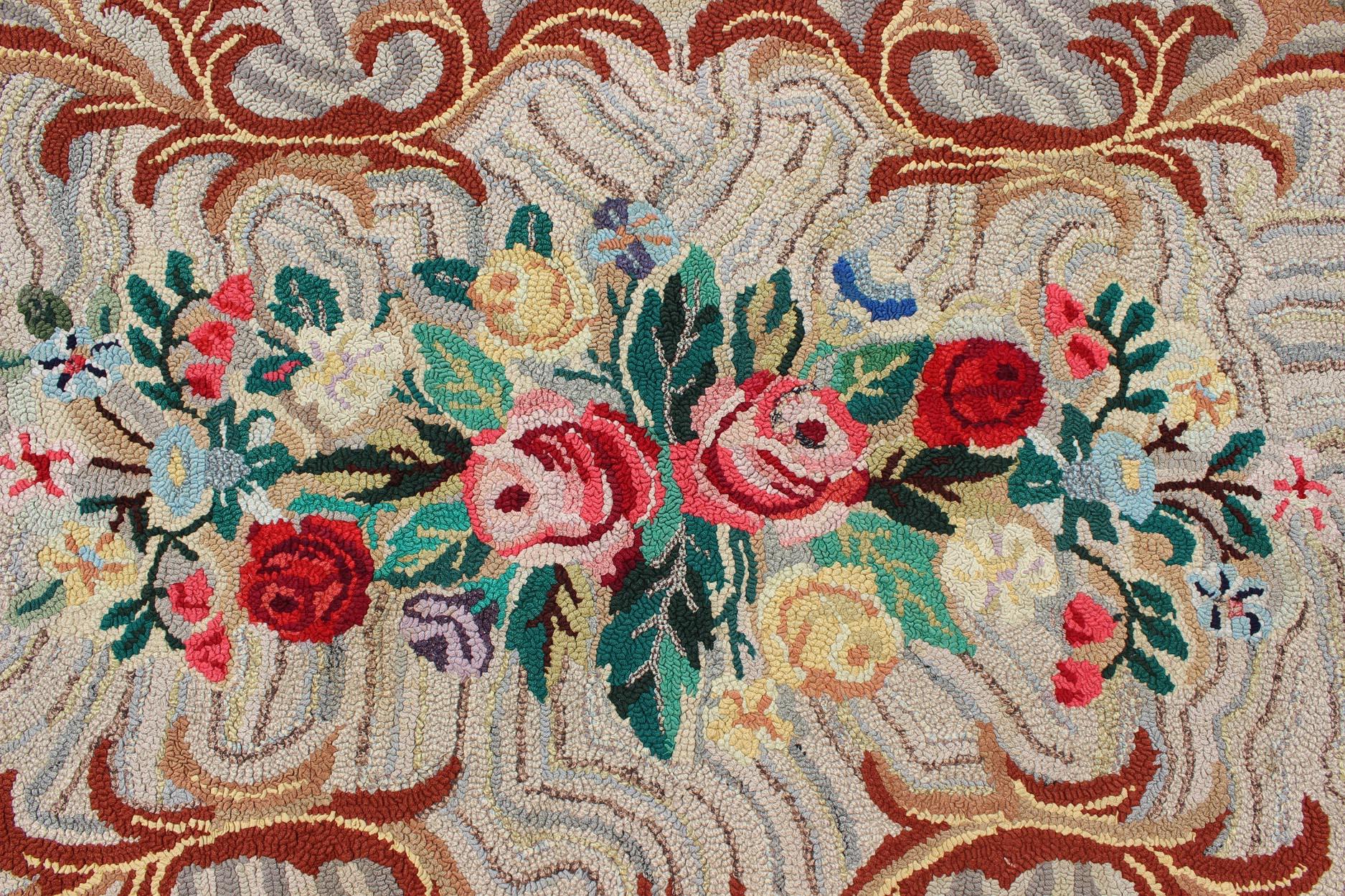 Charcoal, Red, and Green Antique American Hooked Rug with Large Flower Design In Good Condition For Sale In Atlanta, GA