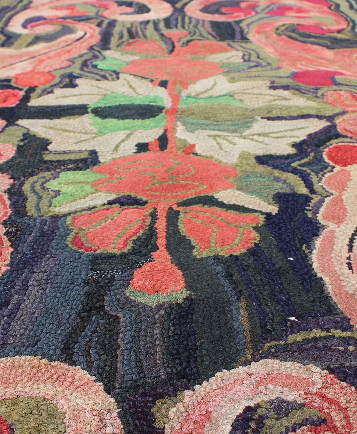 Early 20th Century Charcoal, Red, and Green Antique American Hooked Rug with Large Flower Design For Sale