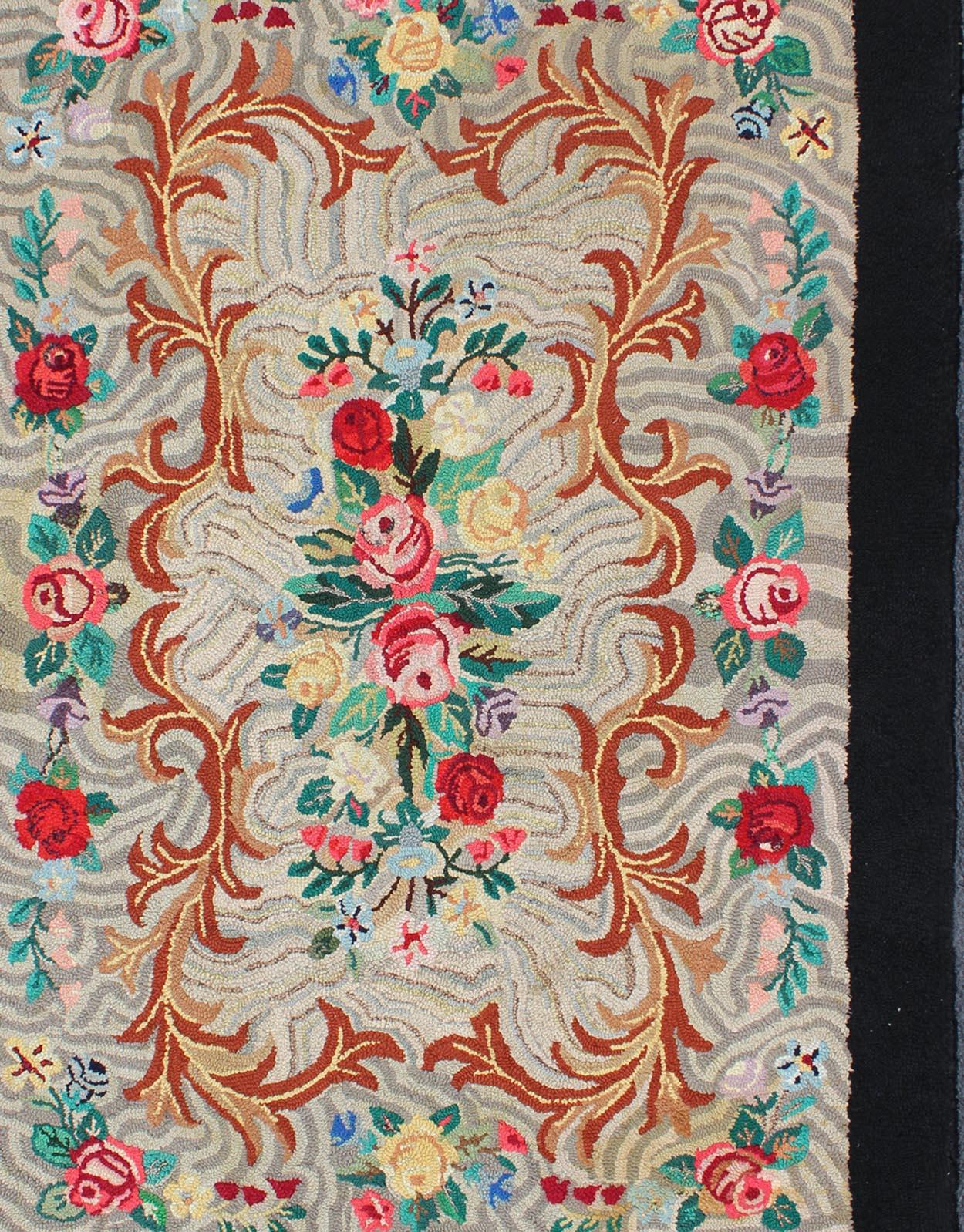20th Century Charcoal, Red, and Green Antique American Hooked Rug with Large Flower Design For Sale