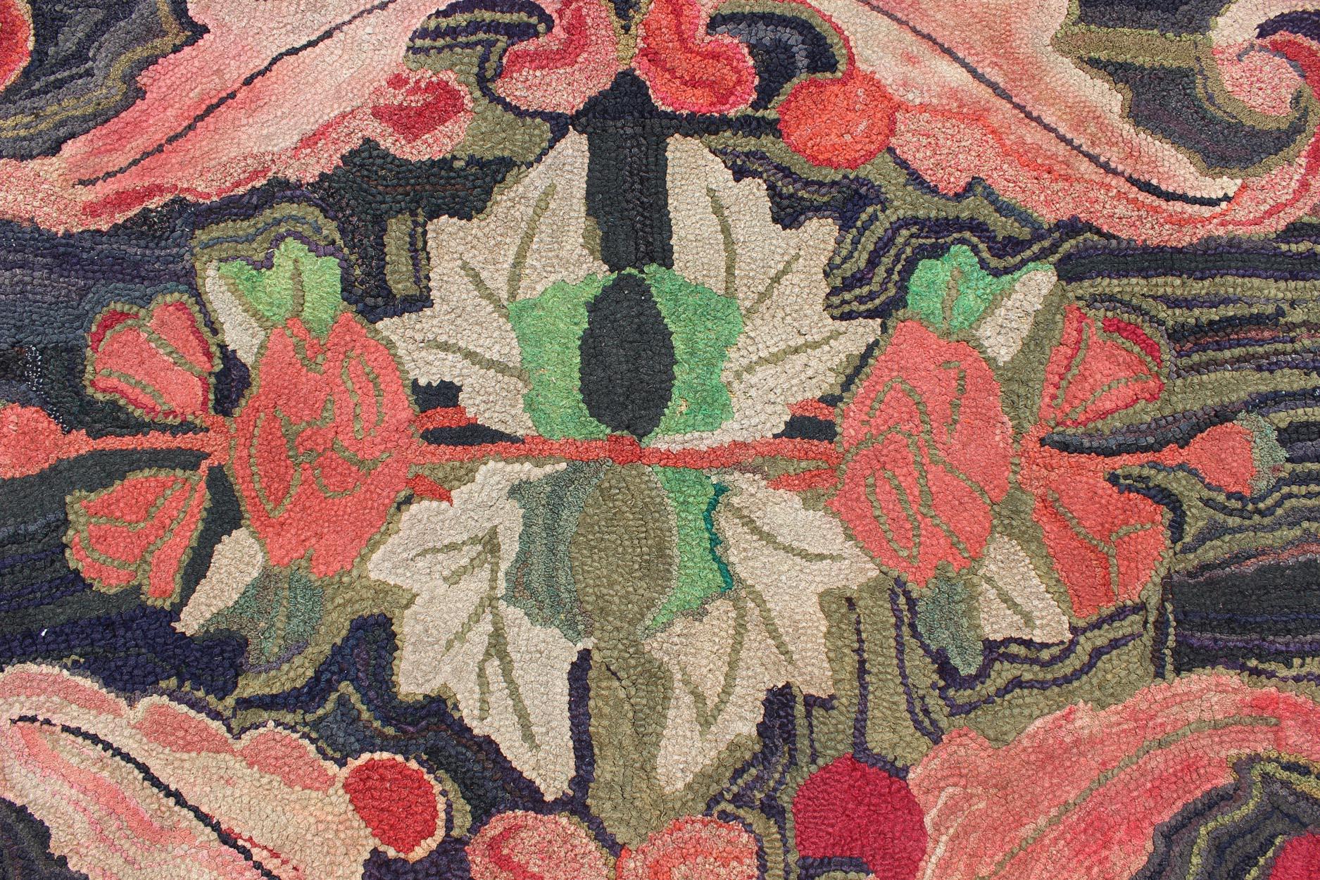 Wool Charcoal, Red, and Green Antique American Hooked Rug with Large Flower Design For Sale