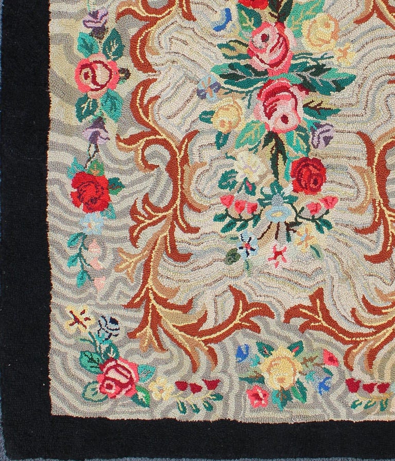 Charcoal, Red, and Green Antique American Hooked Rug with Large Flower ...