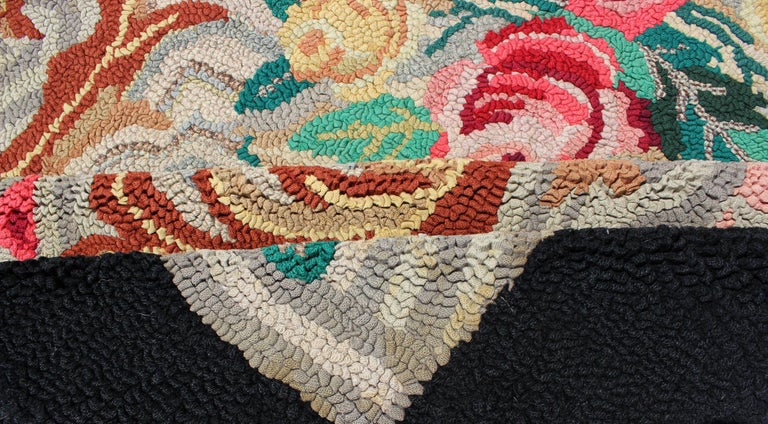 Charcoal, Red, and Green Antique American Hooked Rug with Large Flower ...