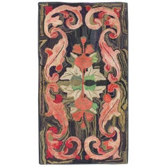 Charcoal, Red, and Green Antique American Hooked Rug with Large Flower Design