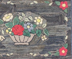 Charcoal, Red, and Green Antique American Hooked with Large Flower Pot Design
