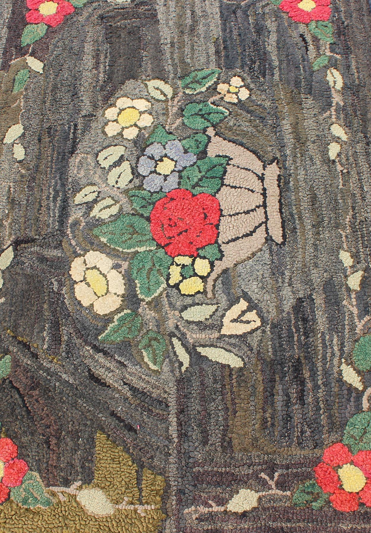 Antike amerikanische Holzkohle-, Rot- und Grünschale mit großem Blumentopf-Design (Baumwolle) im Angebot