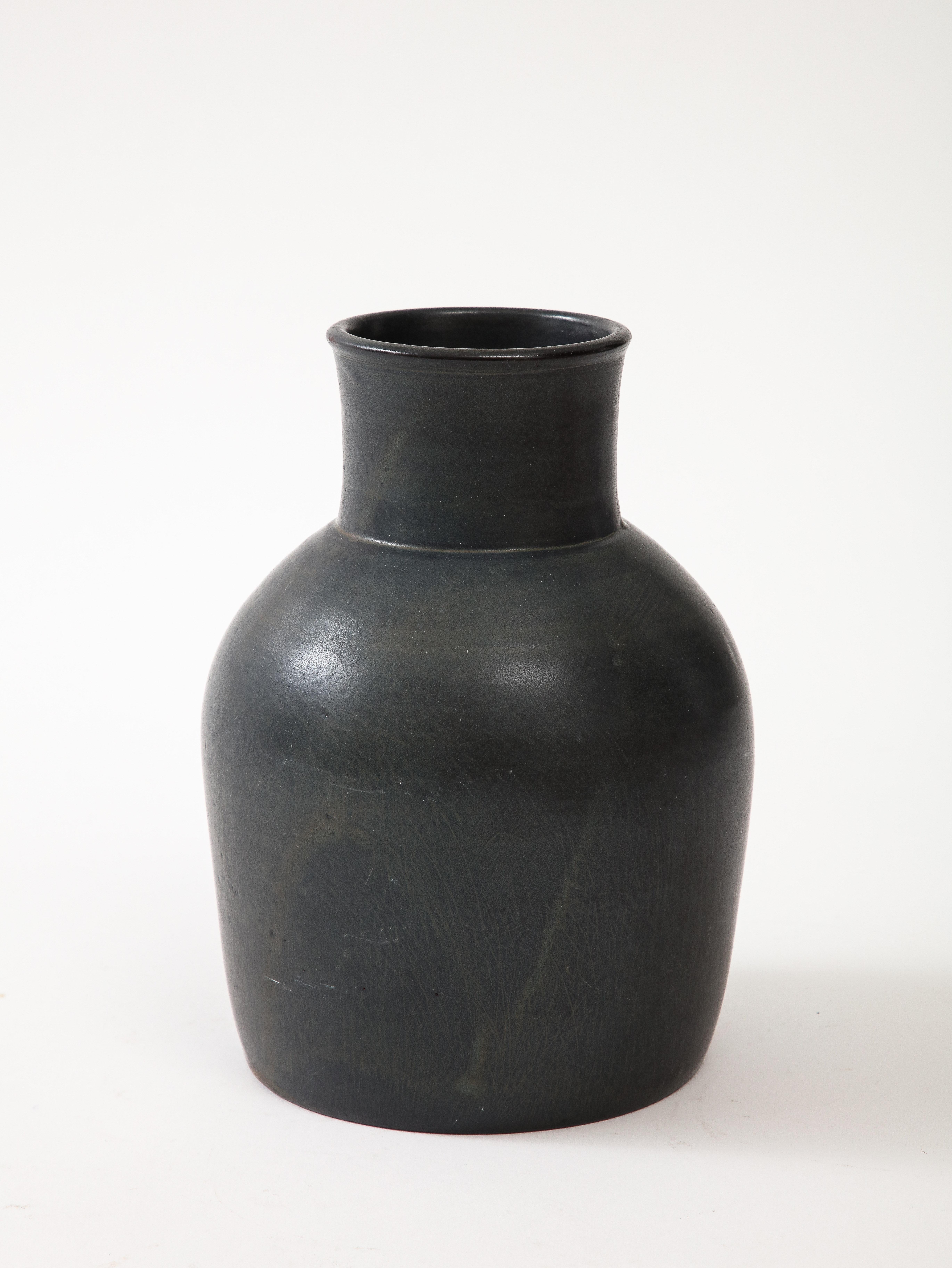 French Charcoal Round Vase, High Neck & Sloping shoulders, France, c 1950, signed 'EP' For Sale
