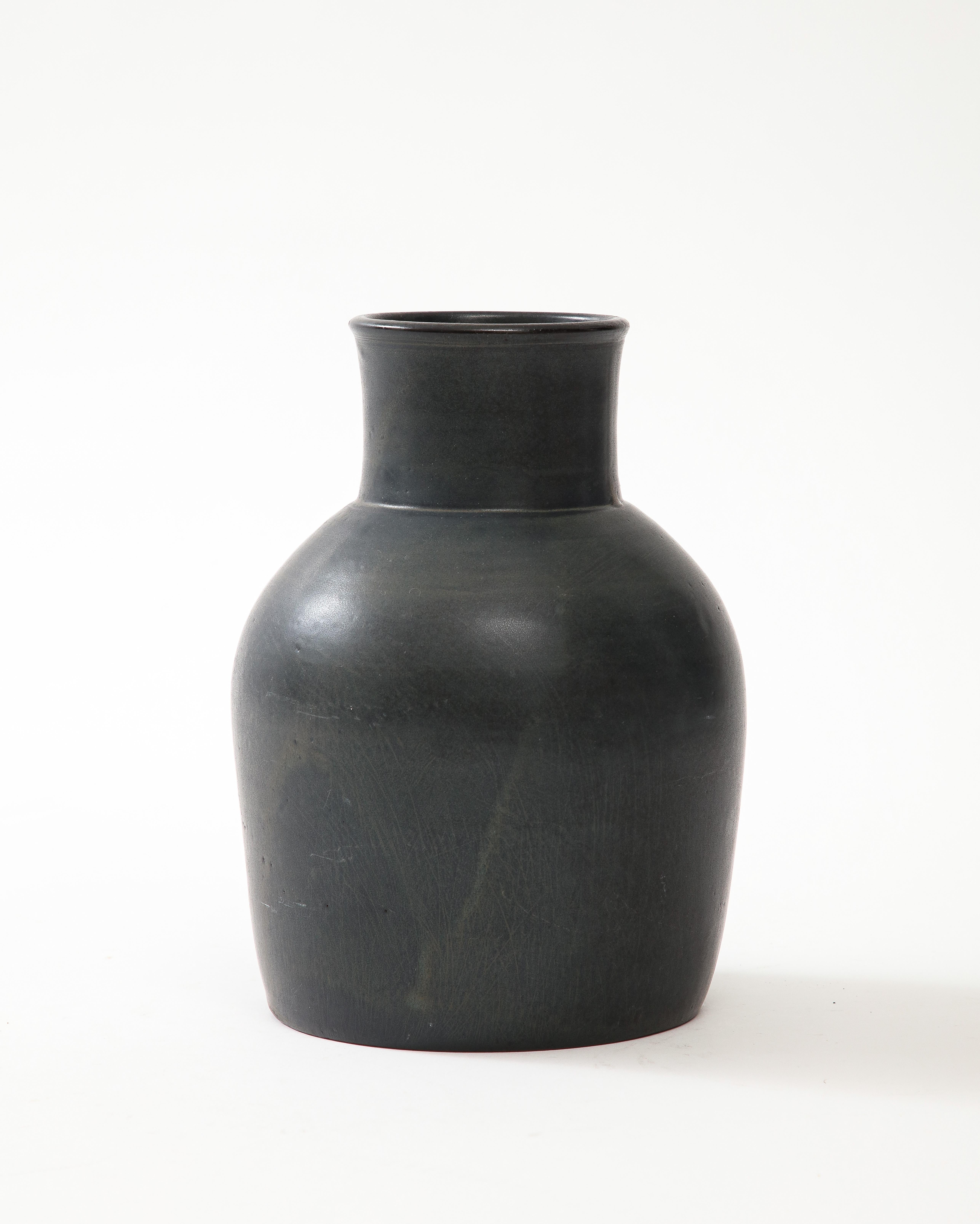 Mid-20th Century Charcoal Round Vase, High Neck & Sloping shoulders, France, c 1950, signed 'EP' For Sale