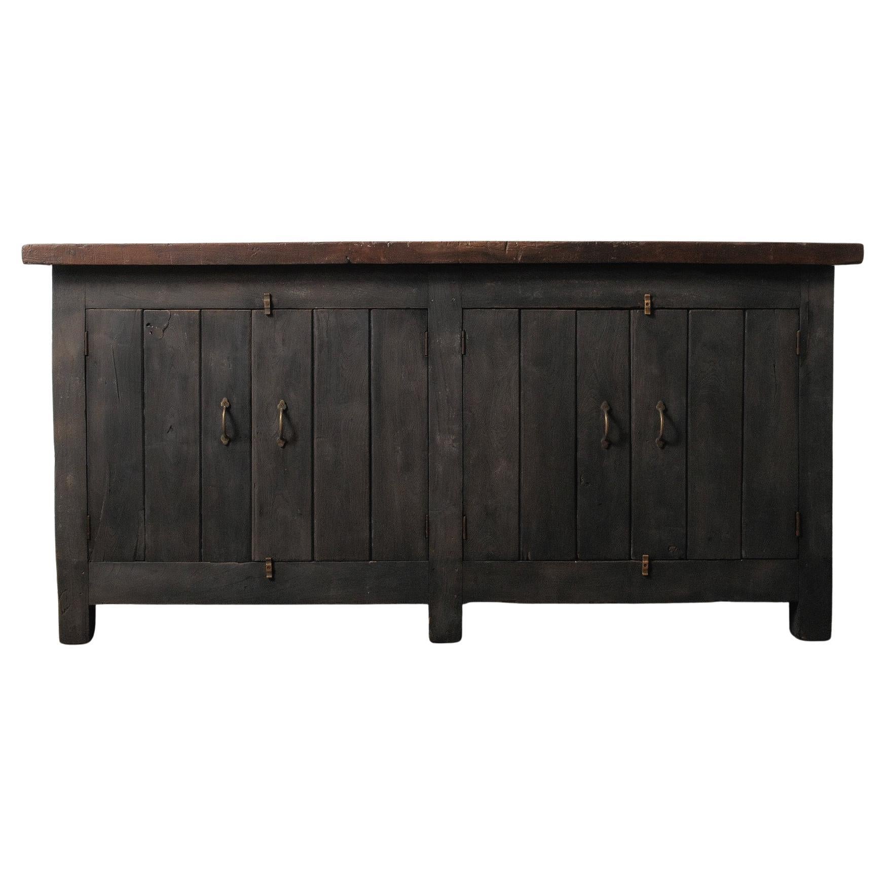 Charcoal Sideboard with Aged Wooden Top and Plank Detail