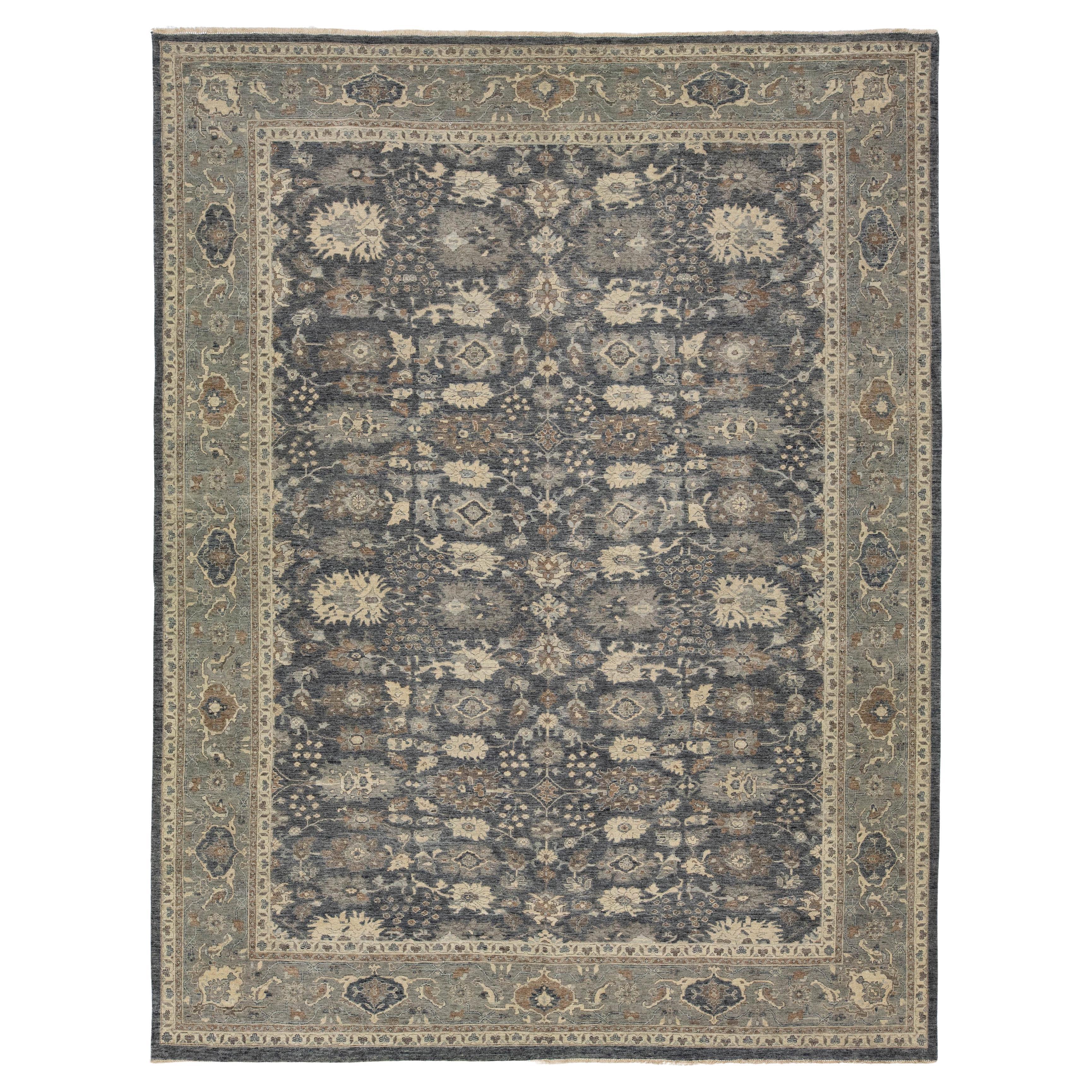 Charcoal & Slate Modern Oushak-Style Wool Area Rug – Hand-Knotted Floral Design