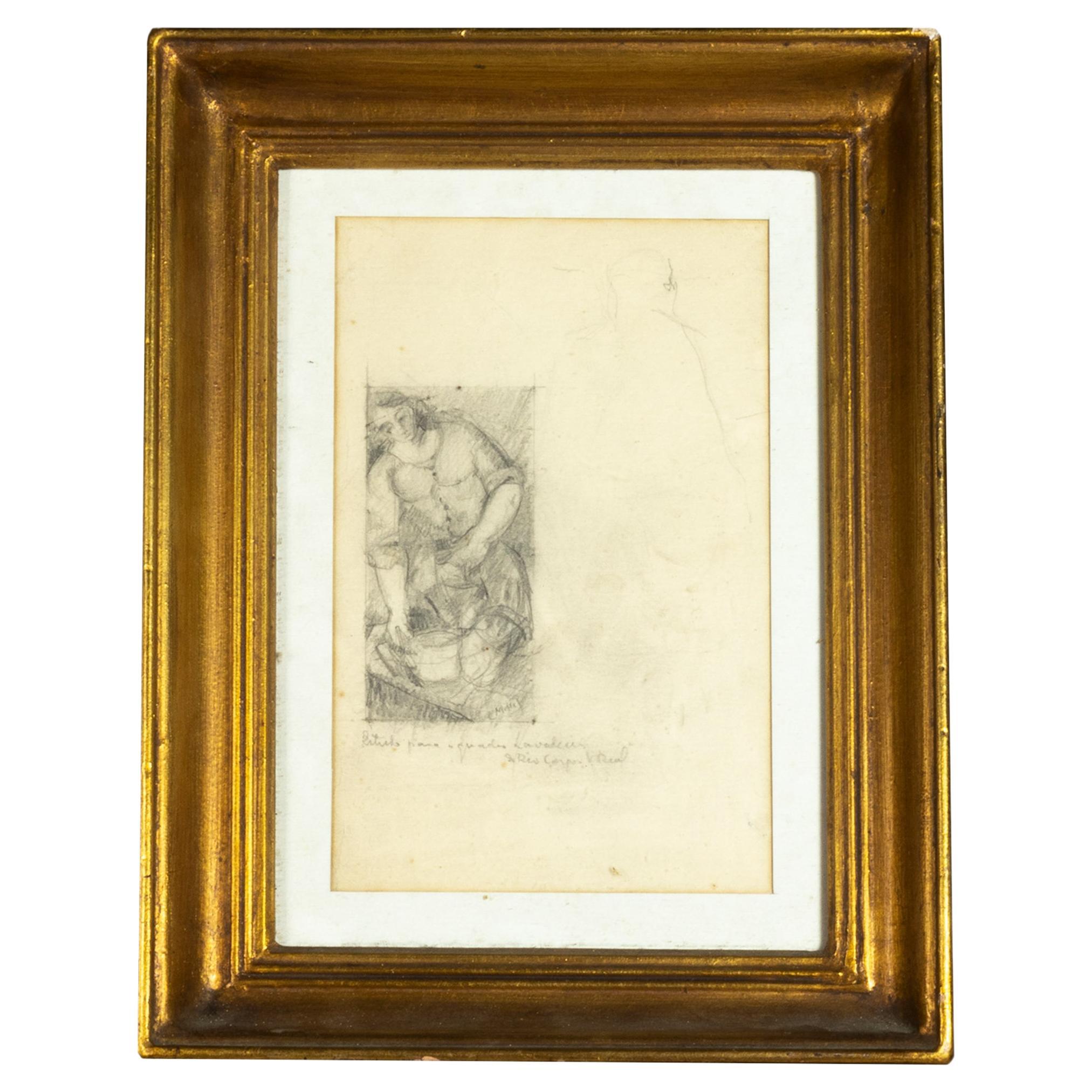 Charcoal Study, Washerwoman by River, Mello Junior, Portugal, 20th Century For Sale