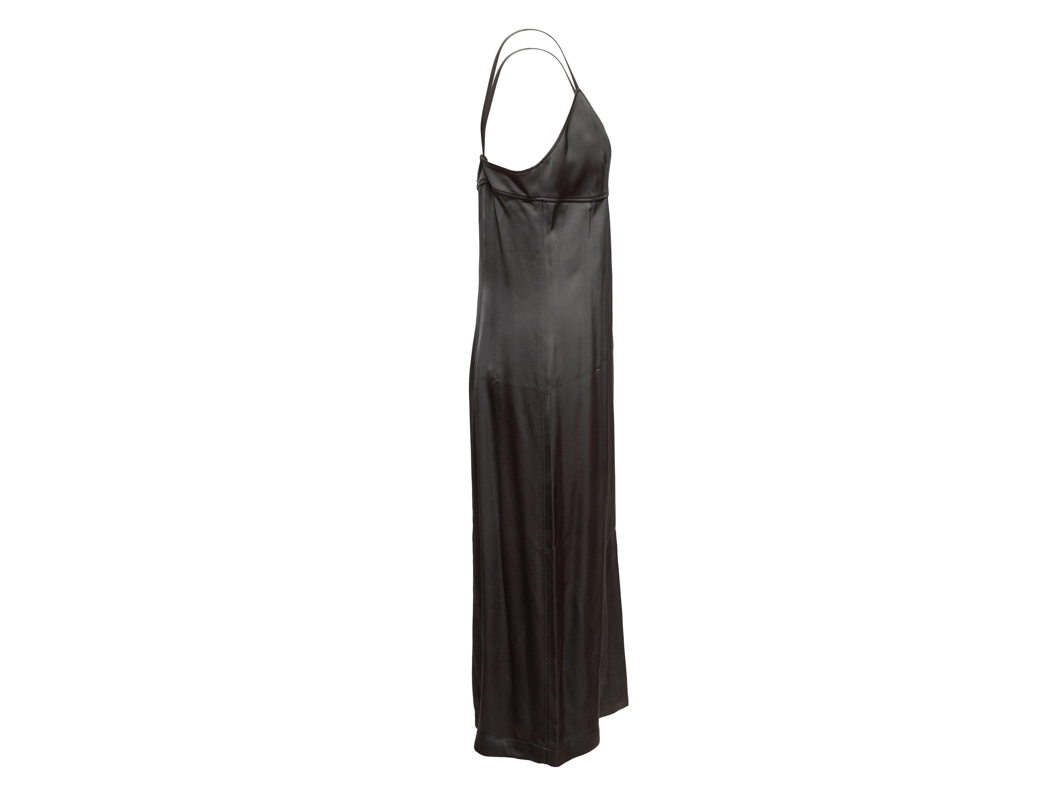Charcoal satin sleeveless slip dress by Toteme. V-neck. Narrow straps. 35