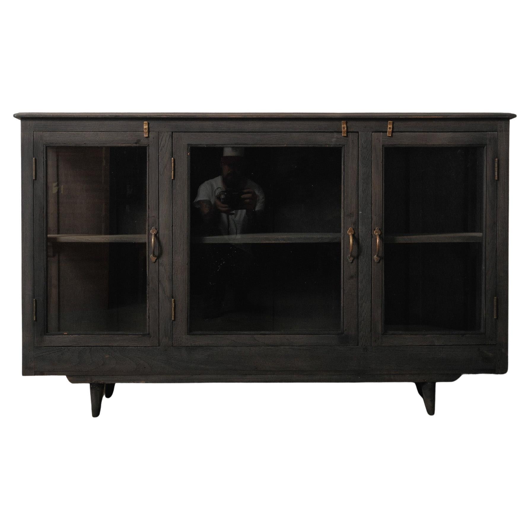 Charcoal-Washed Wooden Glass Cabinet with Brass Details For Sale
