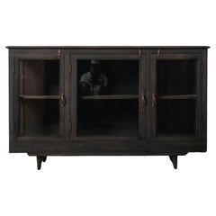 Charcoal-Washed Wooden Glass Cabinet with Brass Details Charcoal-Washed Wooden Glass Cabinet with Brass Details