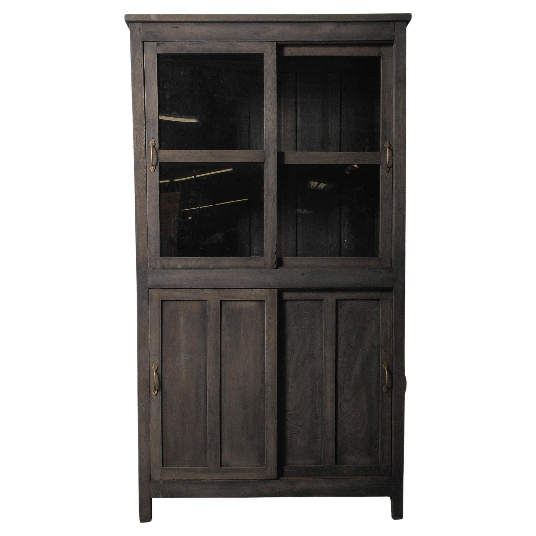 Charcoal Wood Cabinet with Glass Upper Doors im Angebot