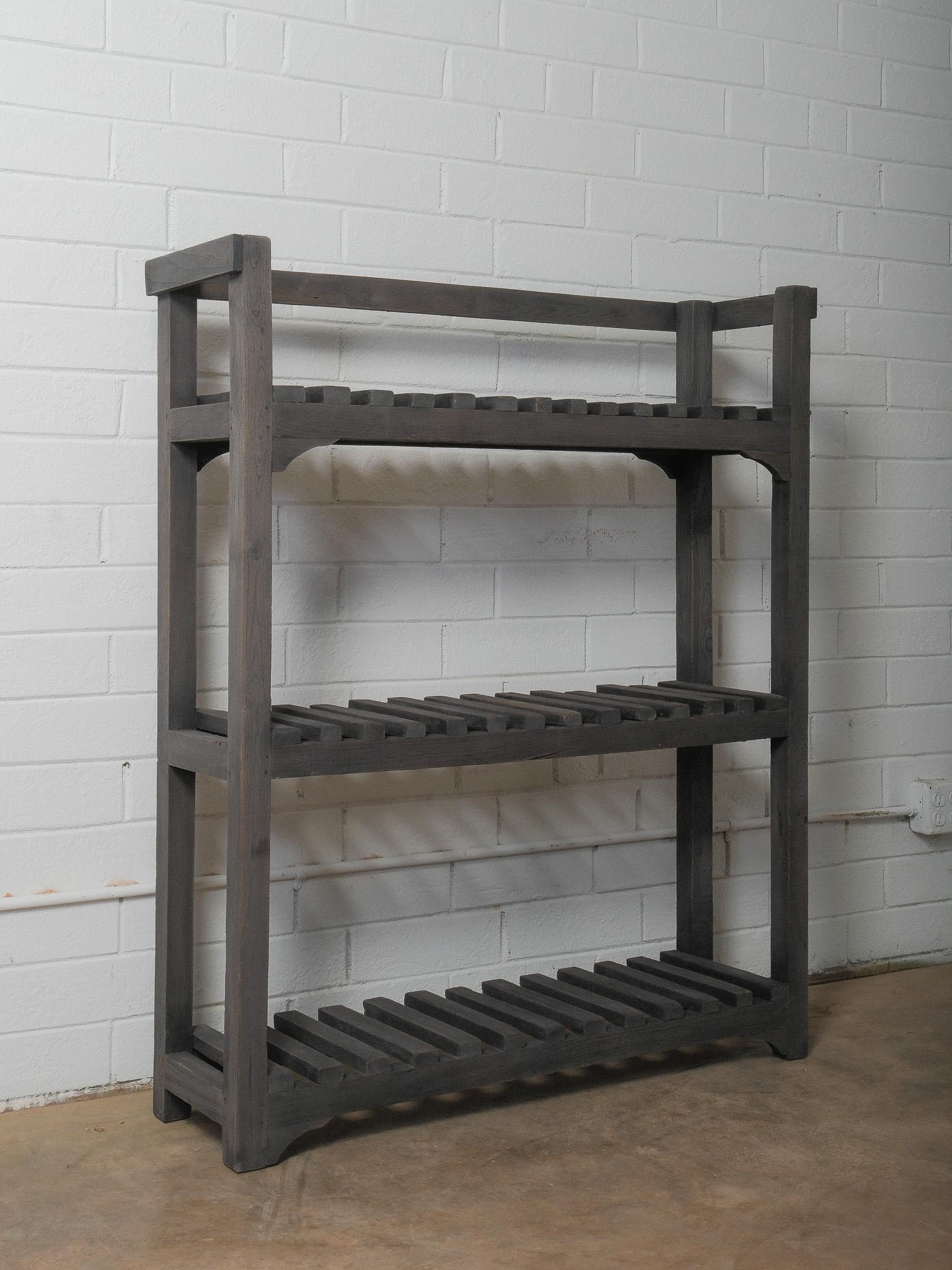 Rustic Charcoal Wooden Slatted Shelf with Open Framework For Sale
