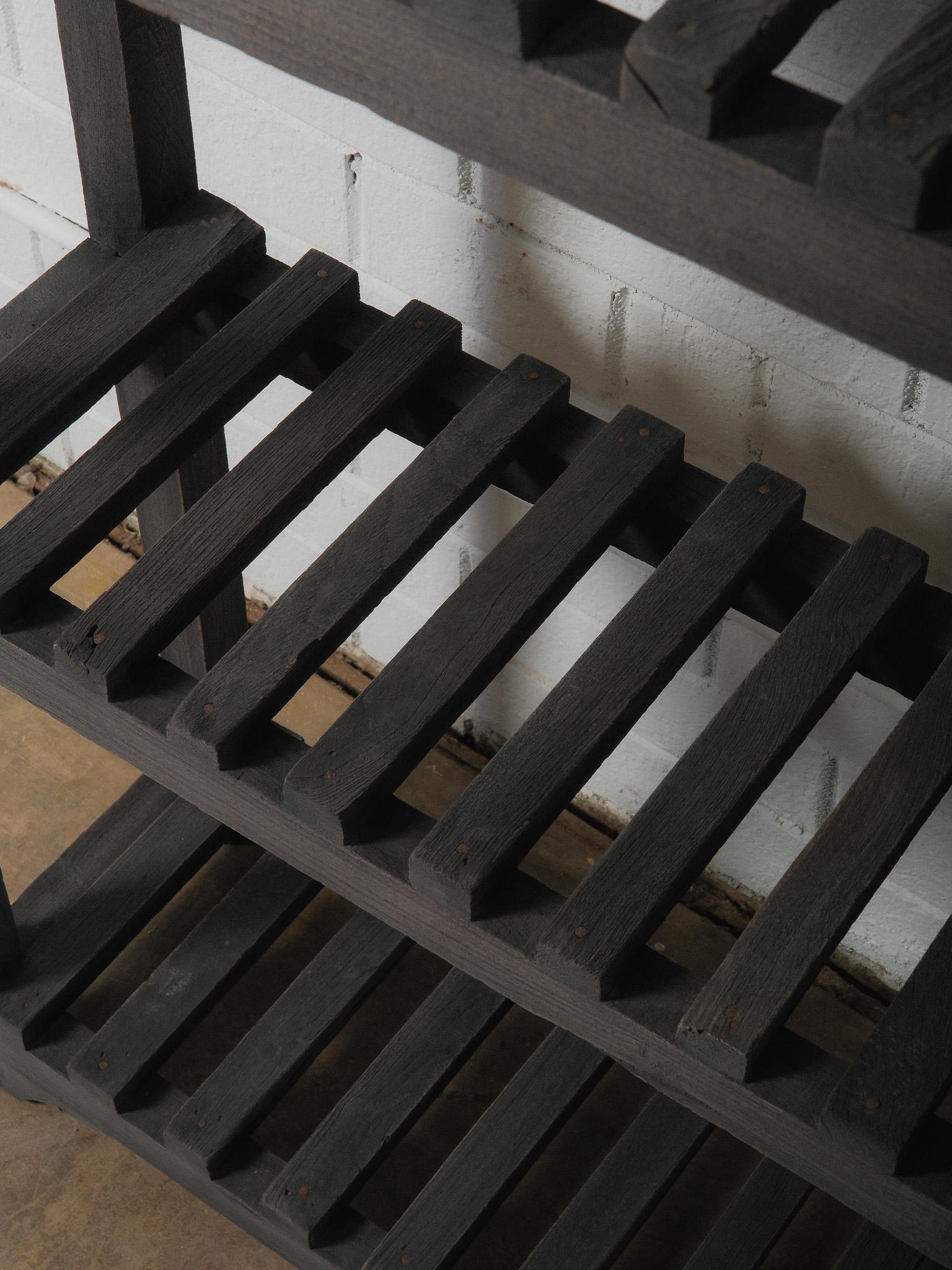 Indian Charcoal Wooden Slatted Shelf with Open Framework For Sale