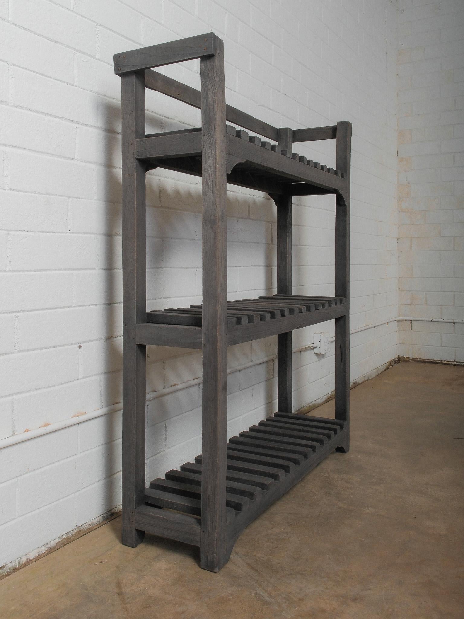 Painted Charcoal Wooden Slatted Shelf with Open Framework For Sale