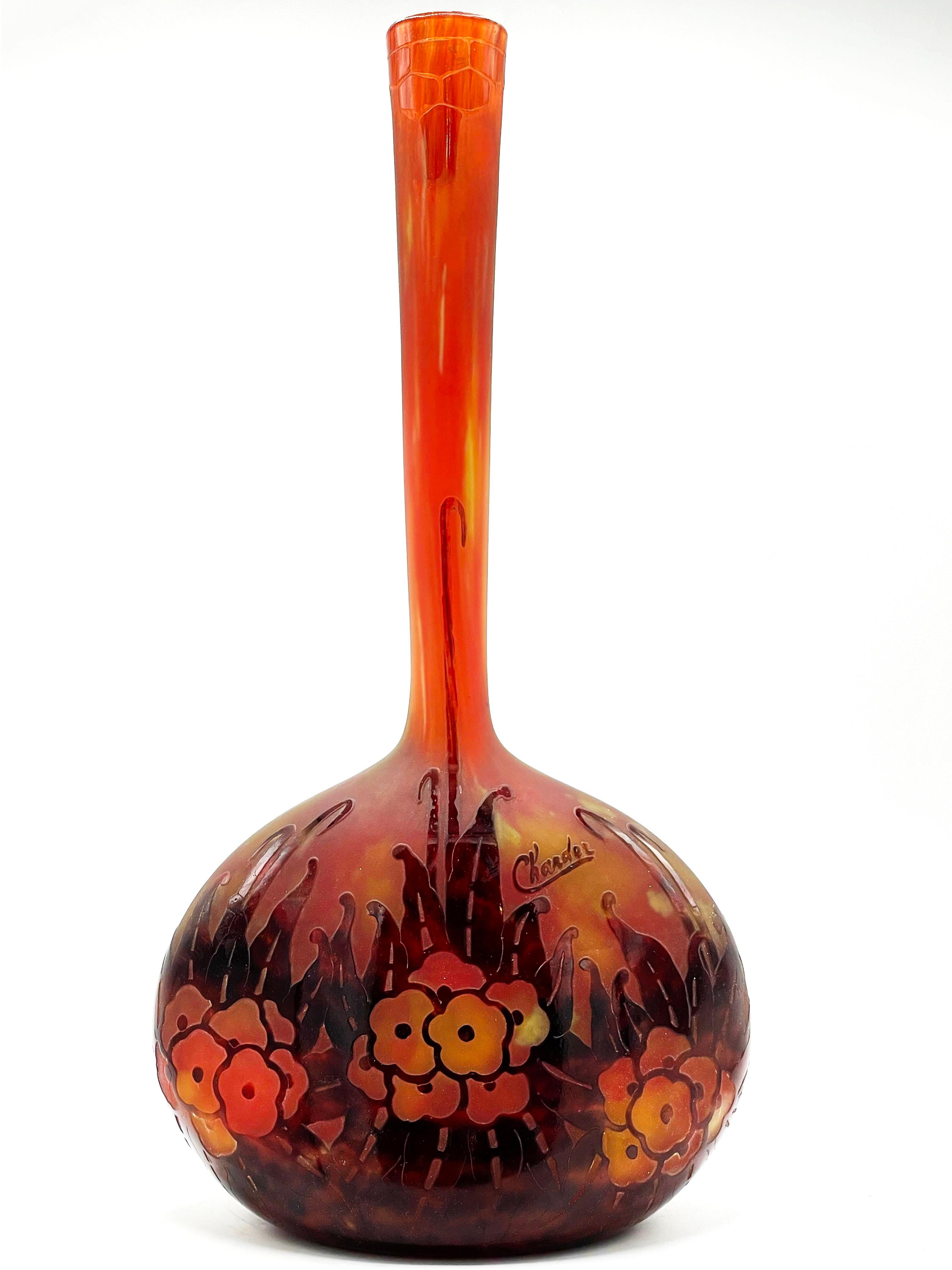 Charder Overlay Glass 
Art Deco glass origin France

French cameo glass vase. The Vase is one of the glass vases with this strange and charming long, tall neck shape that I have personally seen. The Vase has beautiful colors throughout, much