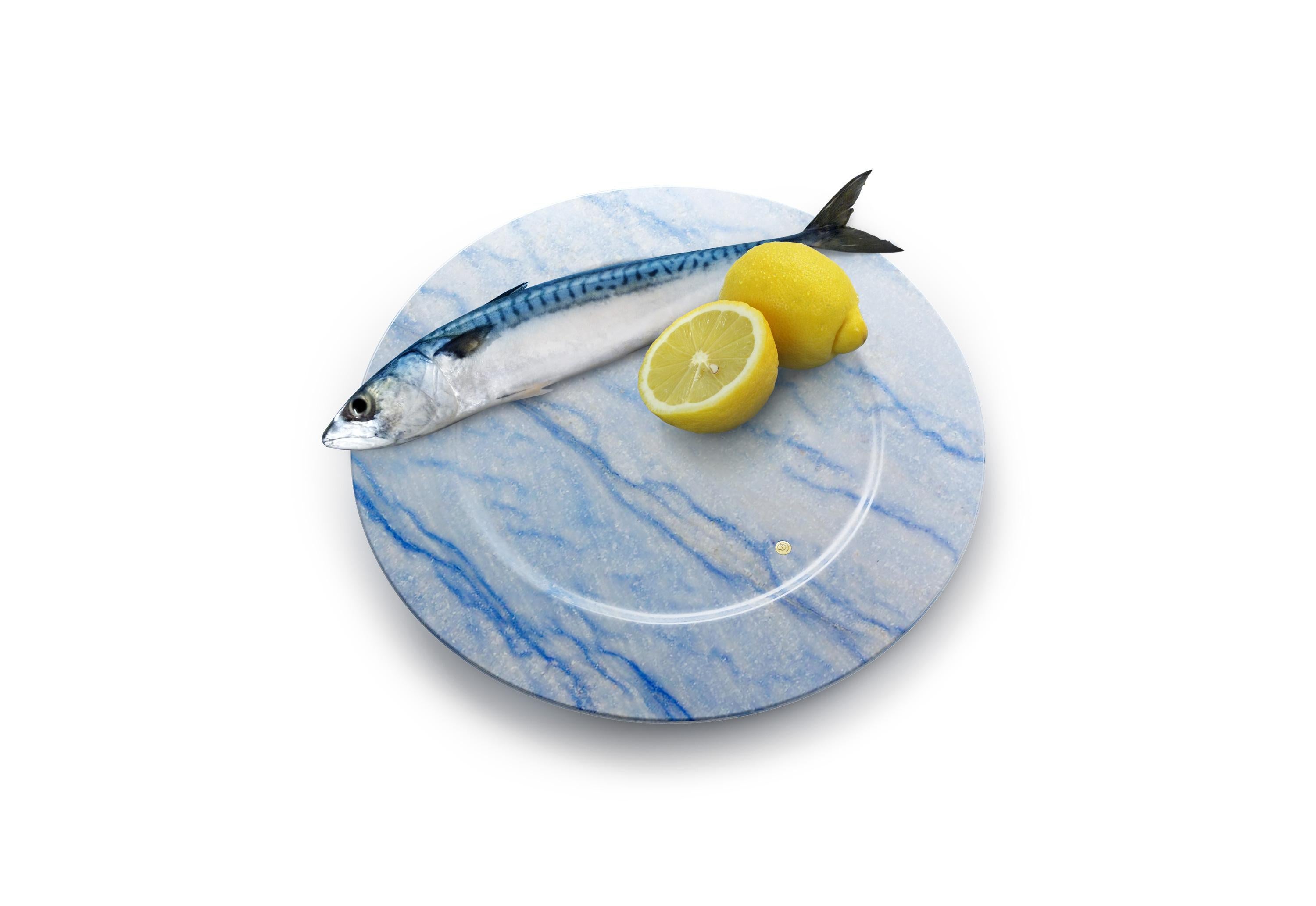 Hand carved charger plate from semi-precious quartzite Azul Macaubas. Multiple use as charger plates, plates, platters and placers. 

Dimensions: D 33, H 1.9 cm. Available in different marbles, onyx and quartzite. 

100% Hand made in Italy. 

Marble