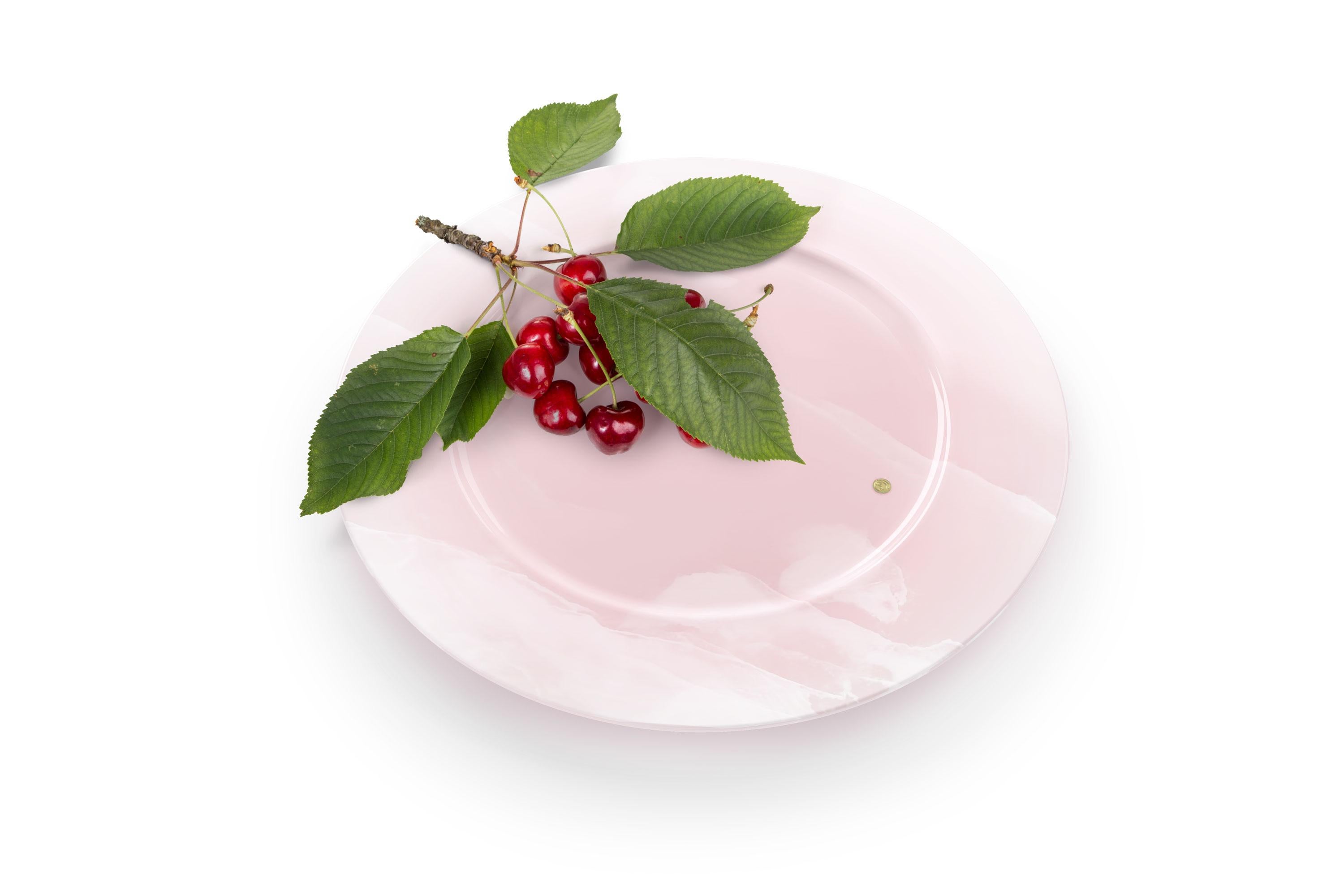 Italian Charger Plate Platters Serveware Pink Onyx Marble Handmade Collectible Design For Sale