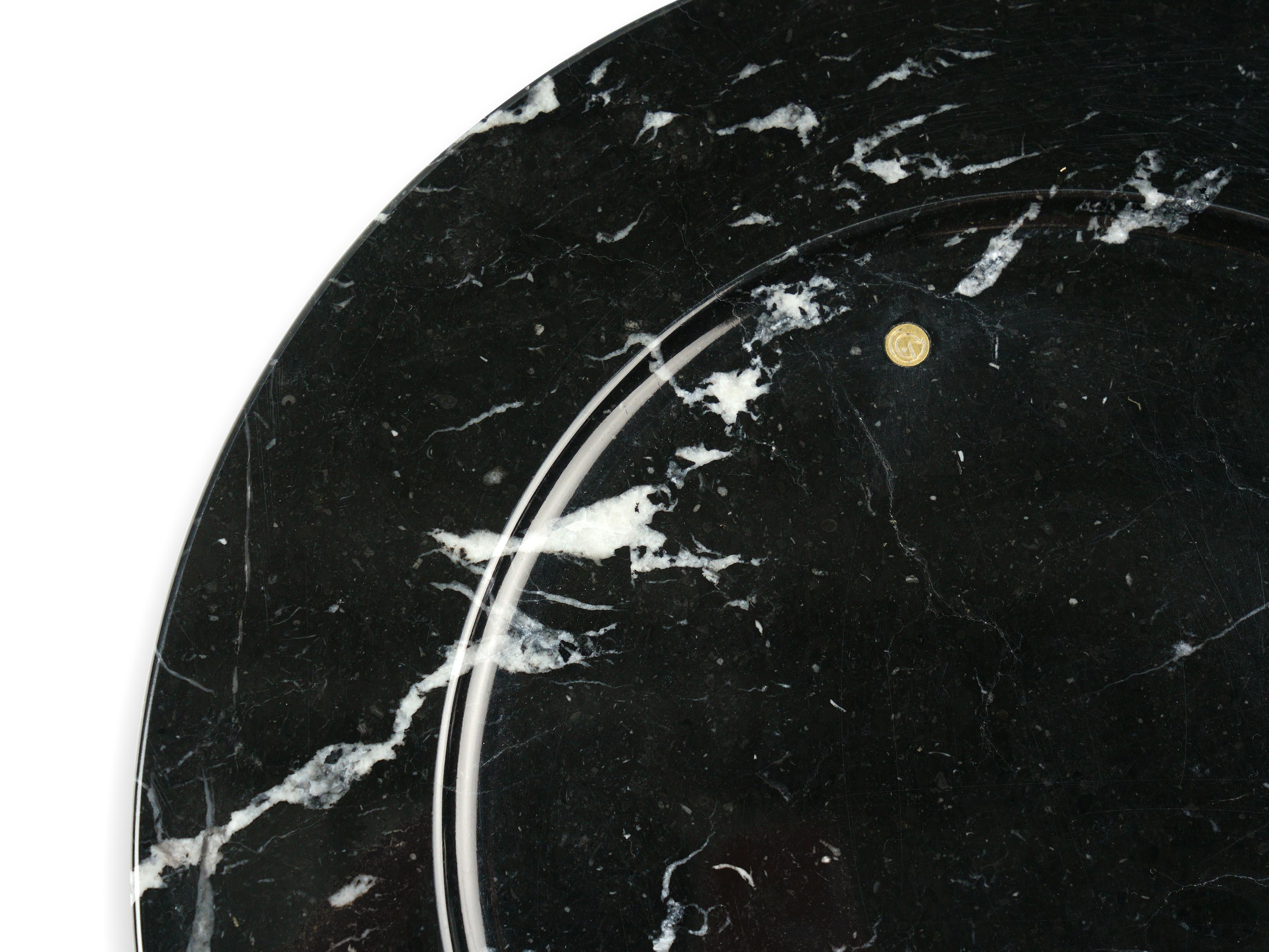Italian Charger Plate Platters Serveware Black Marquinia Marble Brass Inlay Handmade  For Sale