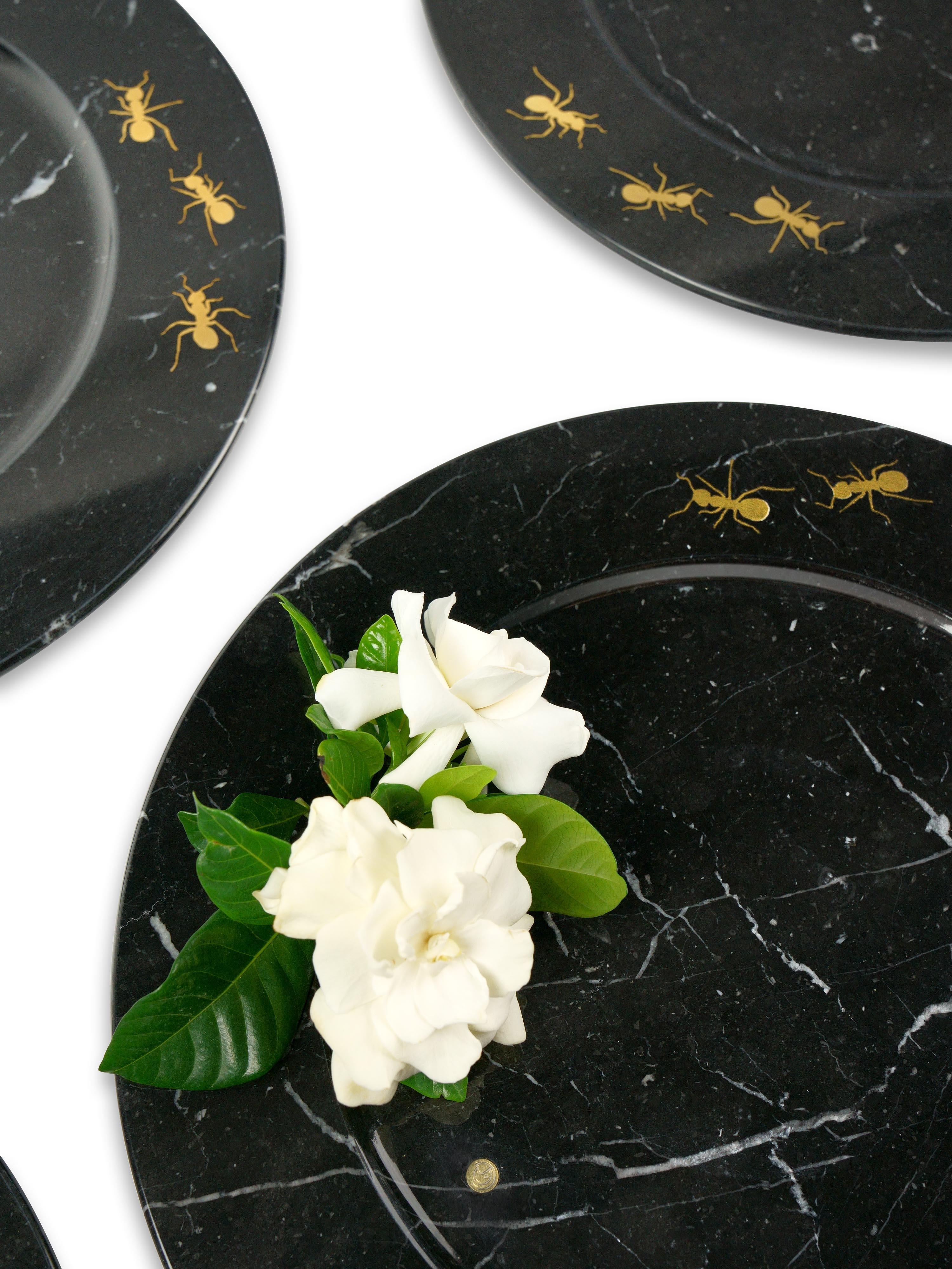 Contemporary Charger Plate Platters Serveware Black Marquinia Marble Brass Inlay Handmade  For Sale