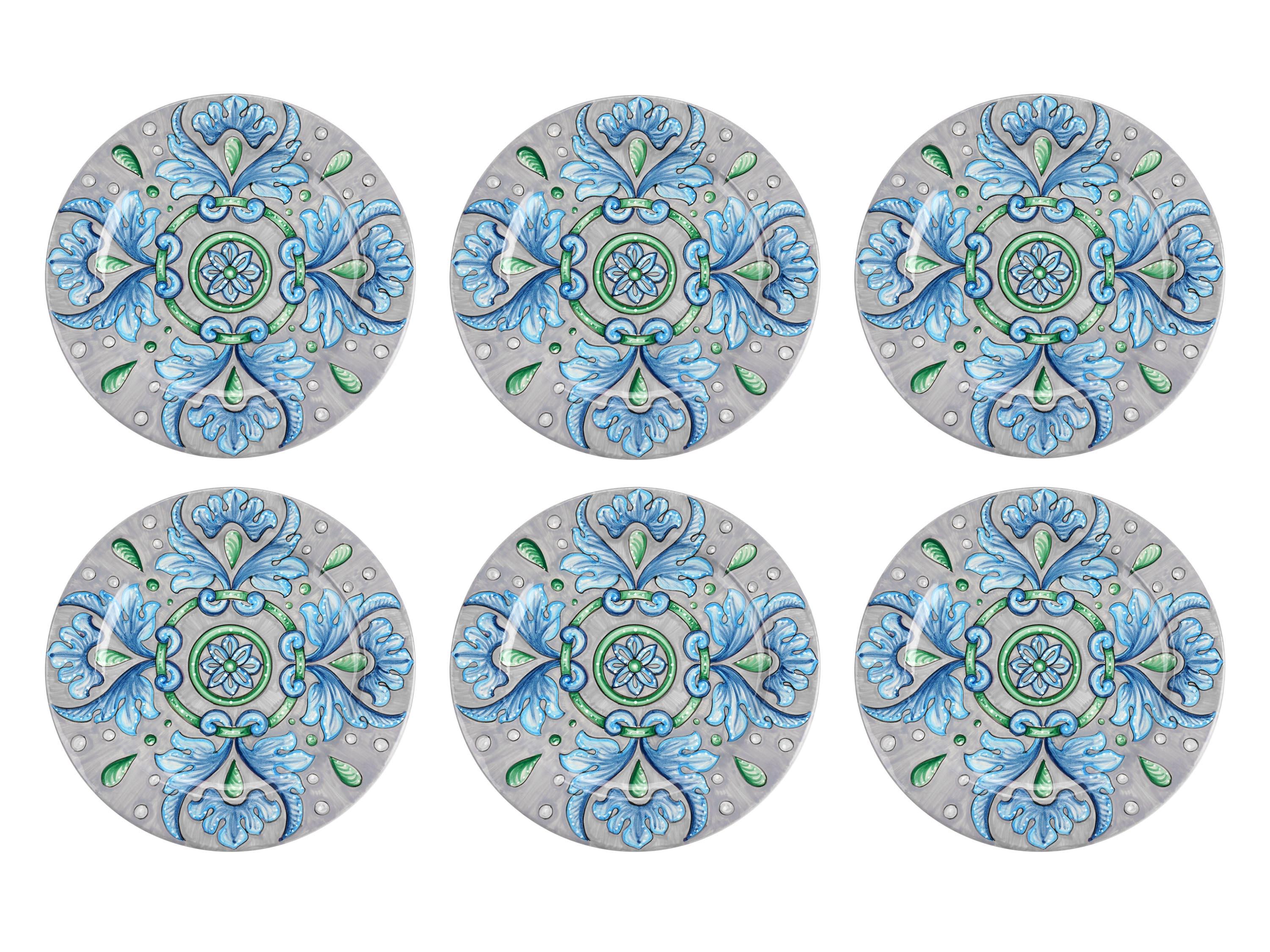 Modern Charger Plate Set Six Dinner Plates Serveware Tableware Majolica Painted Italy For Sale