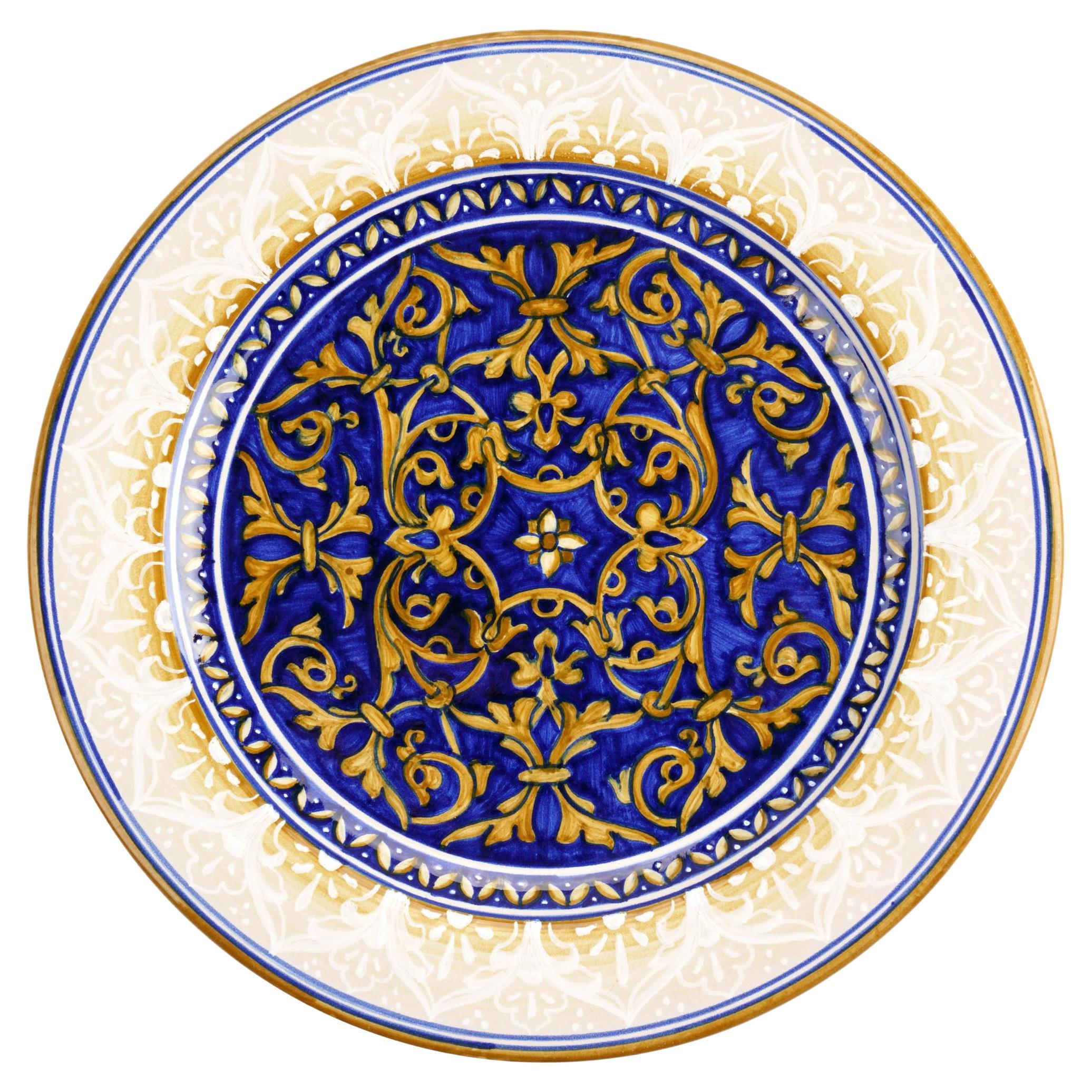 Charger Plate Set Six Dinner Plates Table Serveware Majolica Blue Painted Damask For Sale