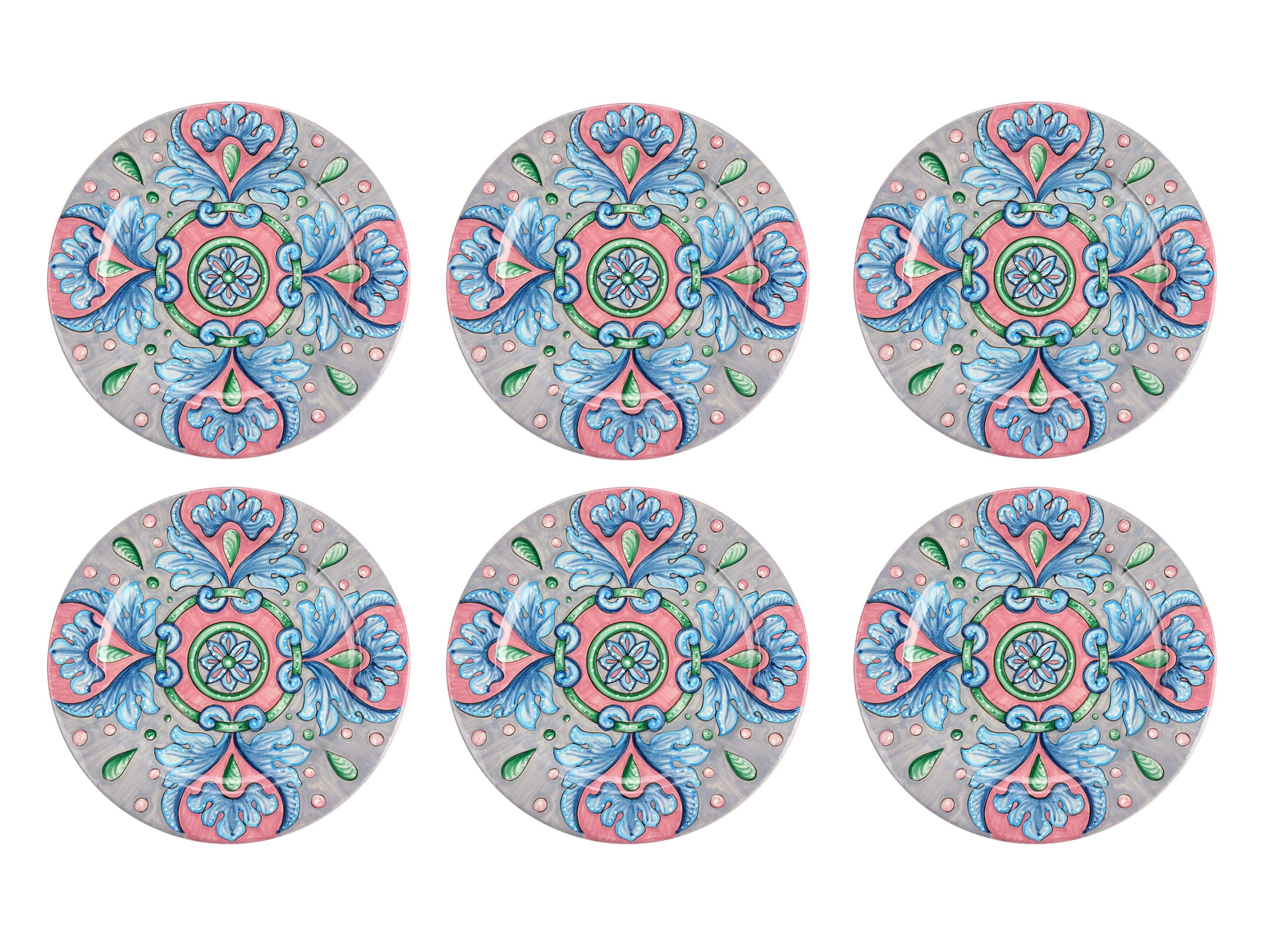 This colorful set of 6 majolica charger plates is handmade and hand-painted in Italy following the original Renaissance painting technique, unchanged over time, which we observe to the letter.
The elegant decoration is composed by a halo of blue