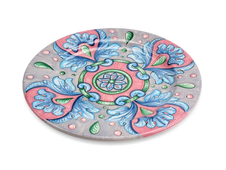 Modern Charger Plate Set Six Dinner Plates Table Serving Majolica Ceramic Blue Pink For Sale