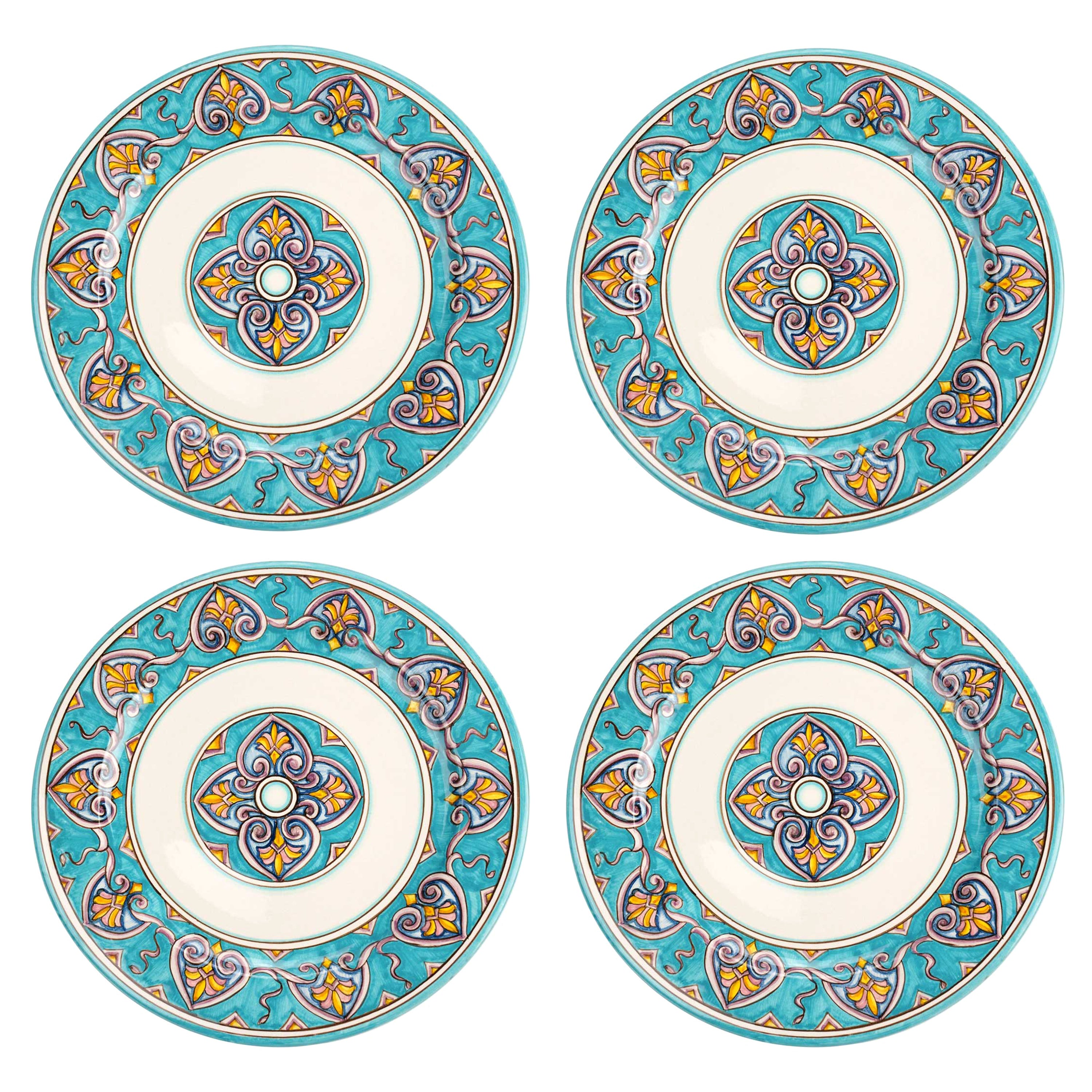 Charger Plate Set Four Dinner Plates Serveware Majolica Aquamarine Hand Painted